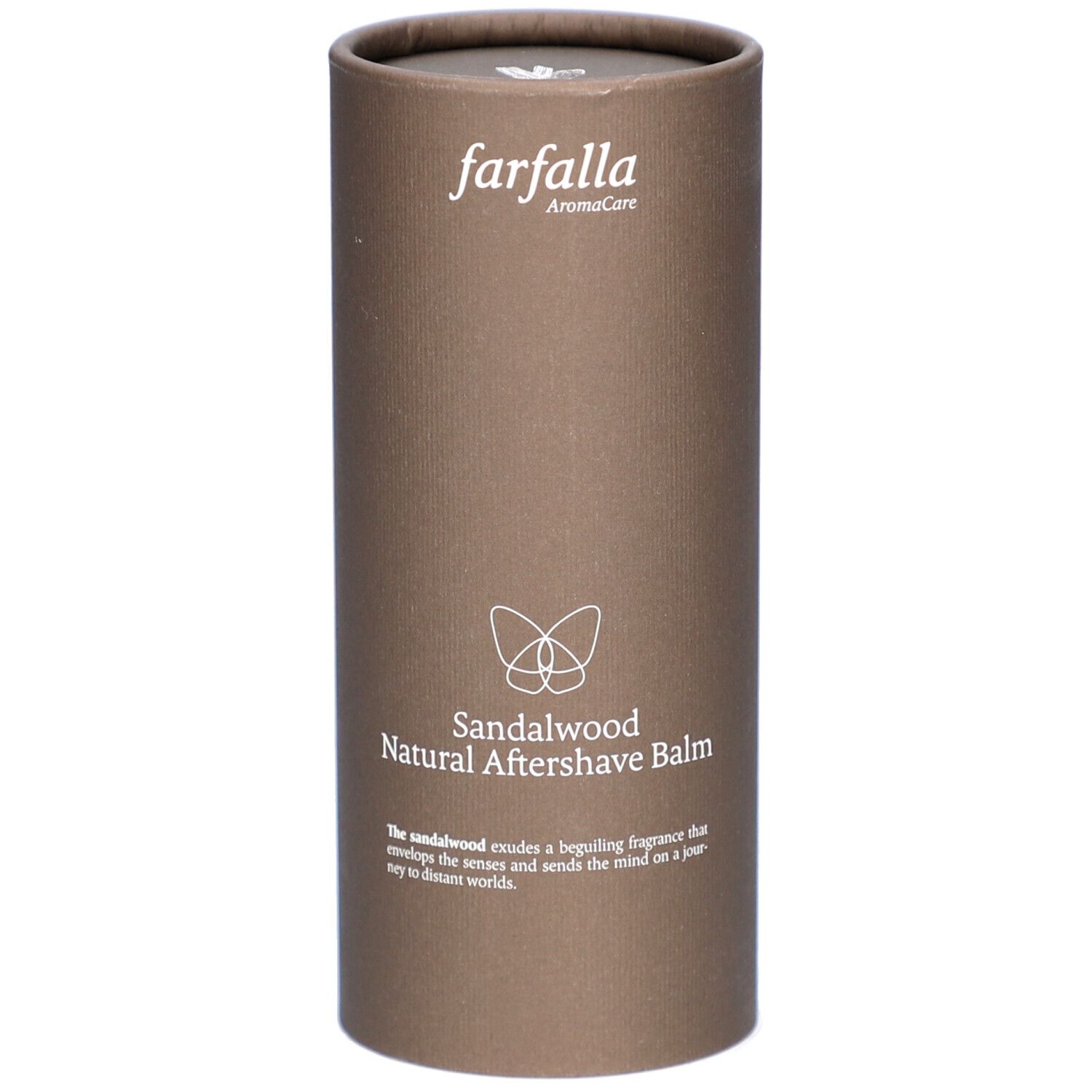 Braune zylindrische Verpackung. Oben steht "farfalla AromaCare". Darunter "Sandalwood Natural Aftershave Balm".