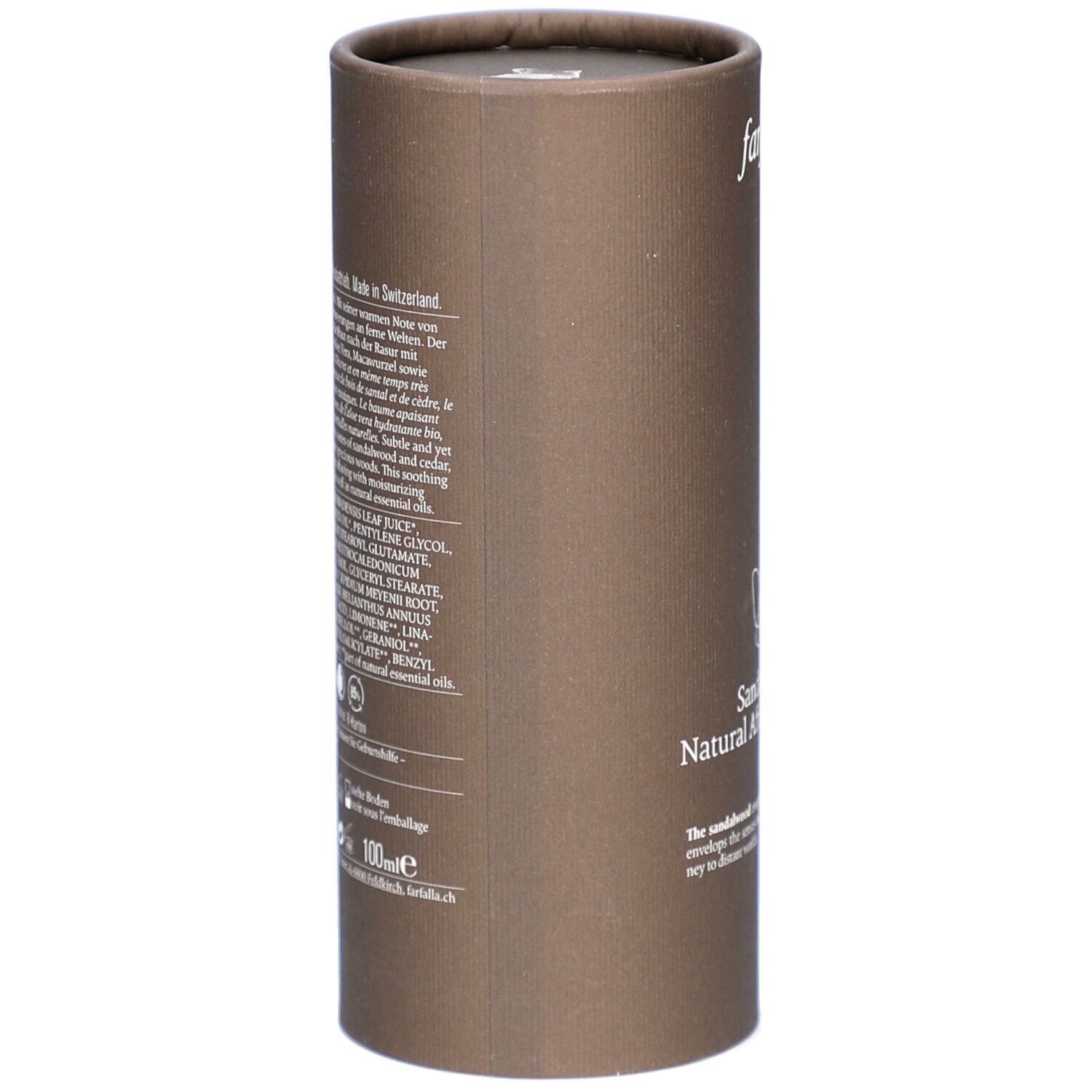 Braune zylindrische Verpackung. Text mit Inhaltsstoffen und Herstellerinformationen. "100ml" ist sichtbar.