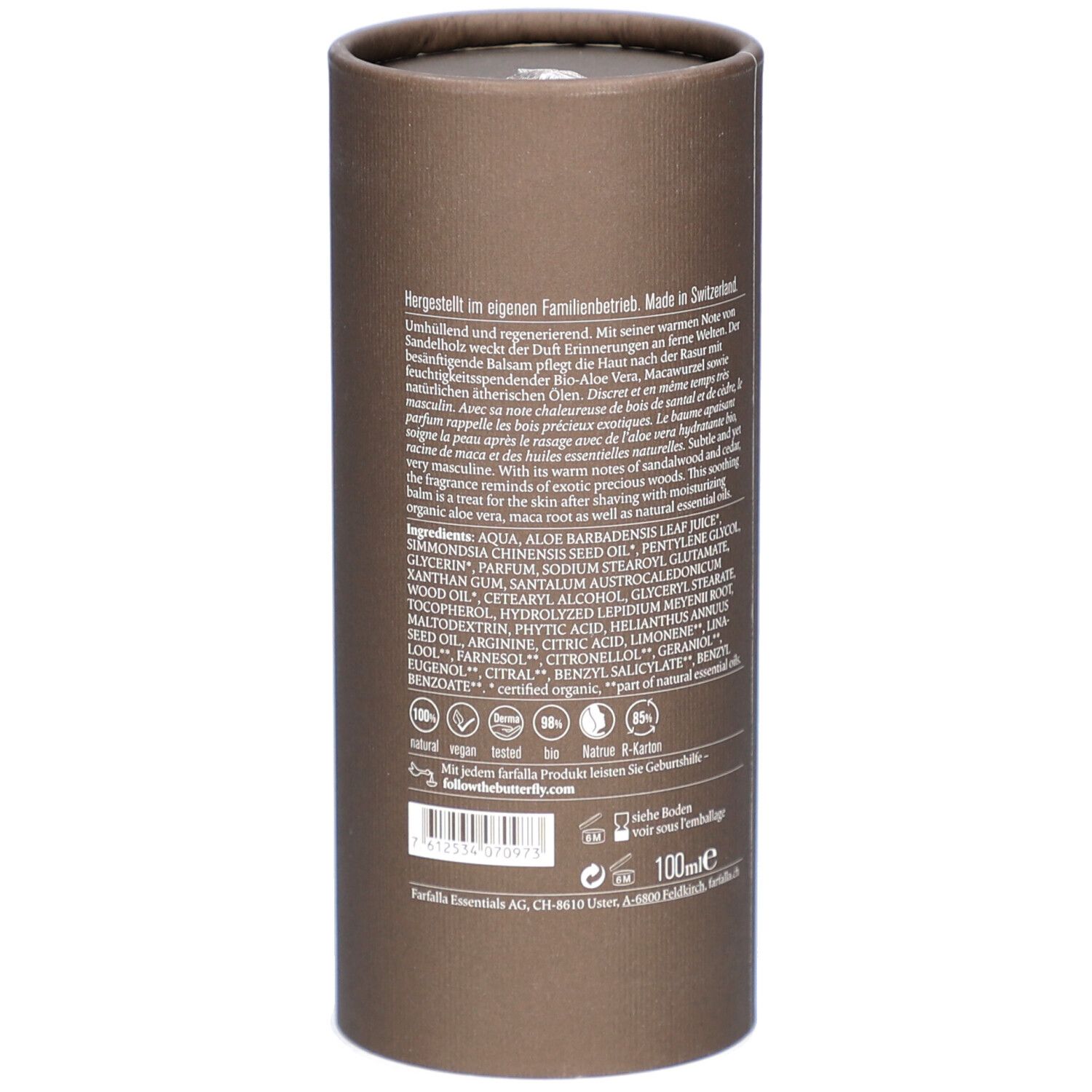 Braune zylindrische Verpackung. Rückseite mit Inhaltsstoffen, Herstellerinformationen und Zertifizierungen.