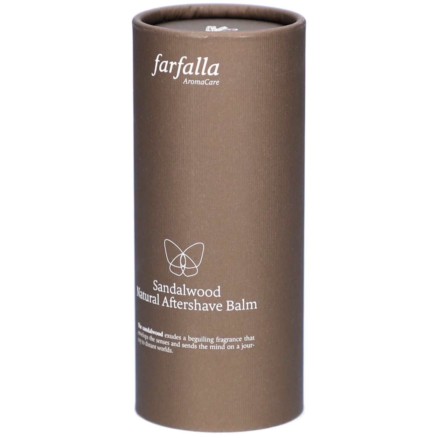 Braune zylindrische Verpackung. Oben steht "farfalla AromaCare". Darunter "Sandalwood Natural Aftershave Balm".