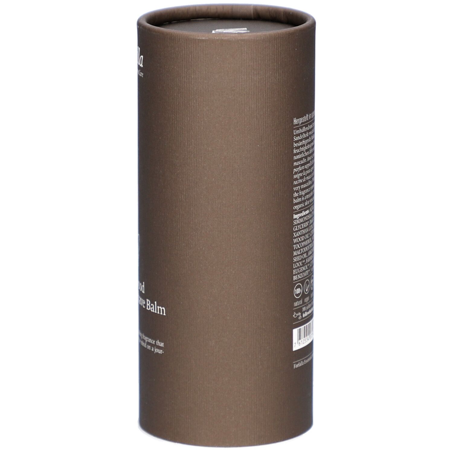 Braune zylindrische Verpackung. Text mit Herstellerinformationen und Inhaltsstoffen.