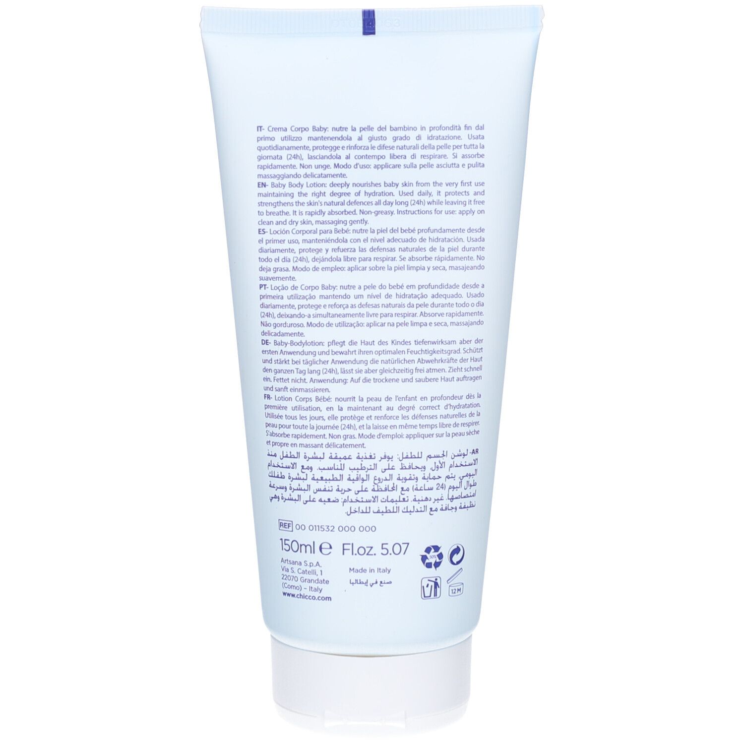 Rückseite der Tube. Text in mehreren Sprachen. Marke Chicco. Inhaltsangabe und Informationen zum Produkt.