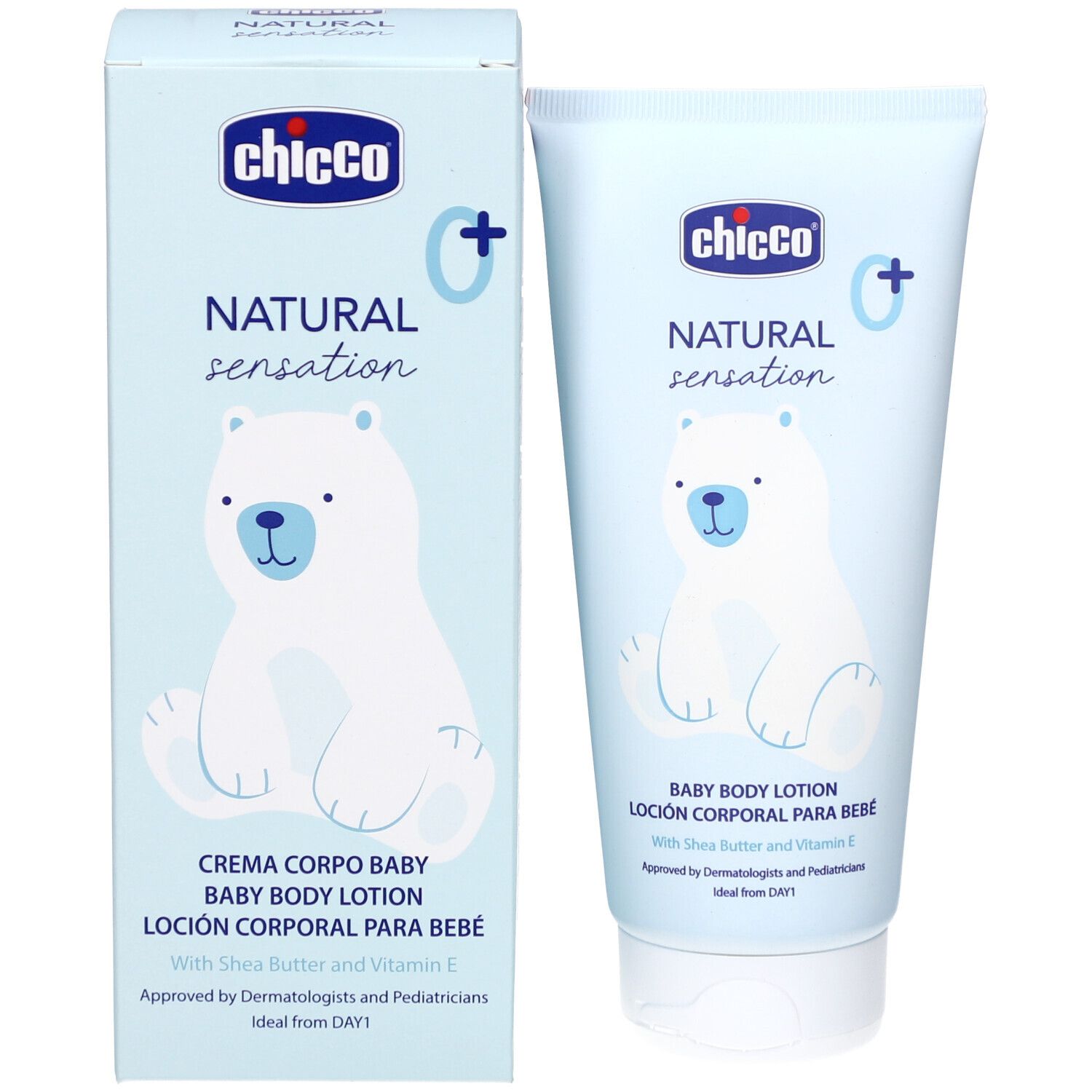 Produktverpackung. Tube und Karton. Marke Chicco, Natural Sensation, Baby Body Lotion. Eisbär-Illustration.