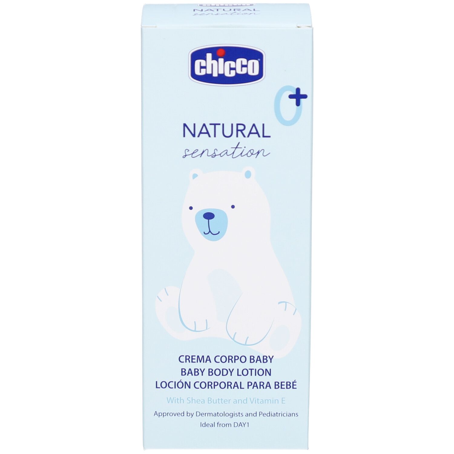 Kartonverpackung. Marke Chicco, Natural Sensation, Baby Body Lotion. Eisbär-Illustration. Text in mehreren Sprachen.
