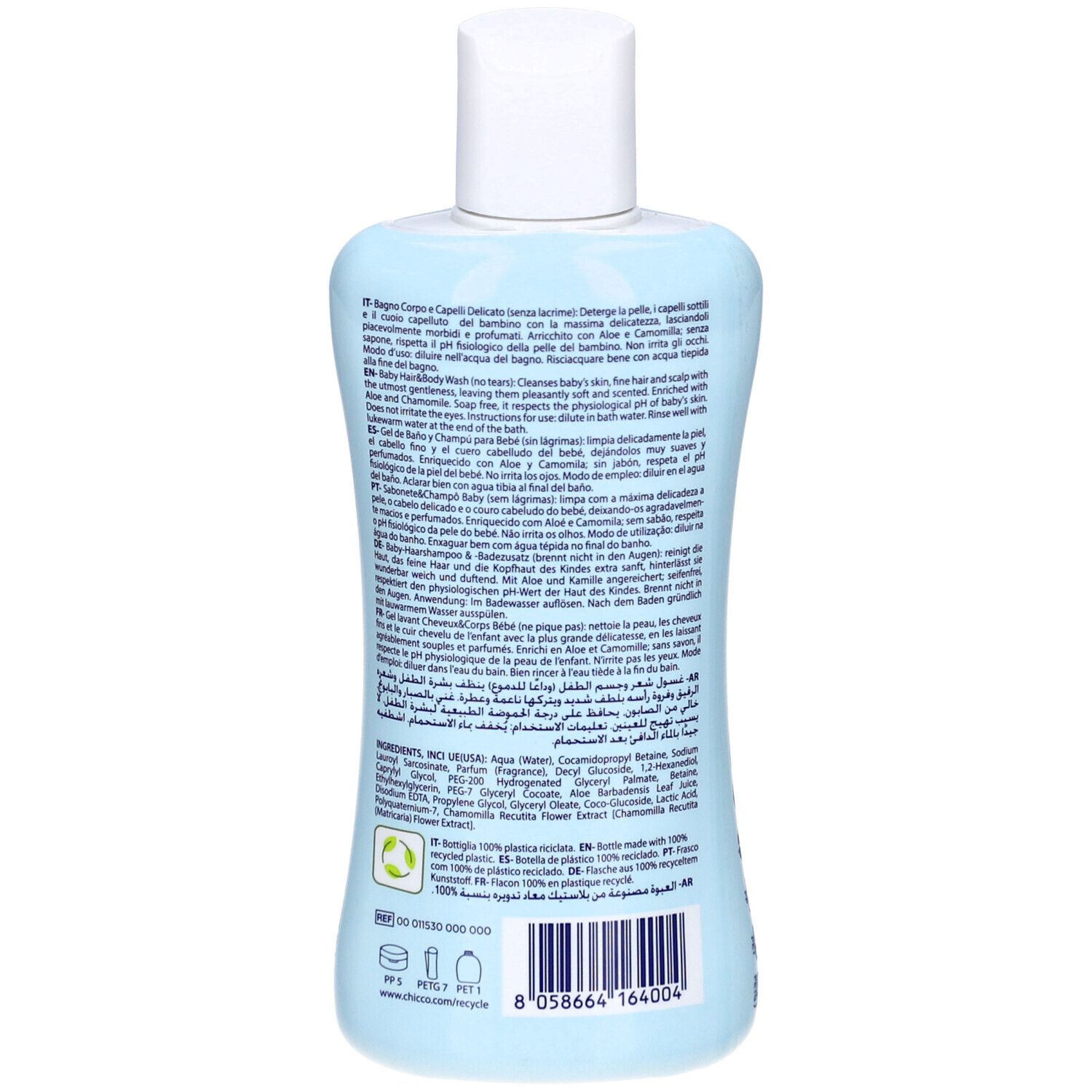 Dos d'un flacon bleu clair avec bouchon blanc. Texte multilingue. Liste des ingrédients et symbole de recyclage.