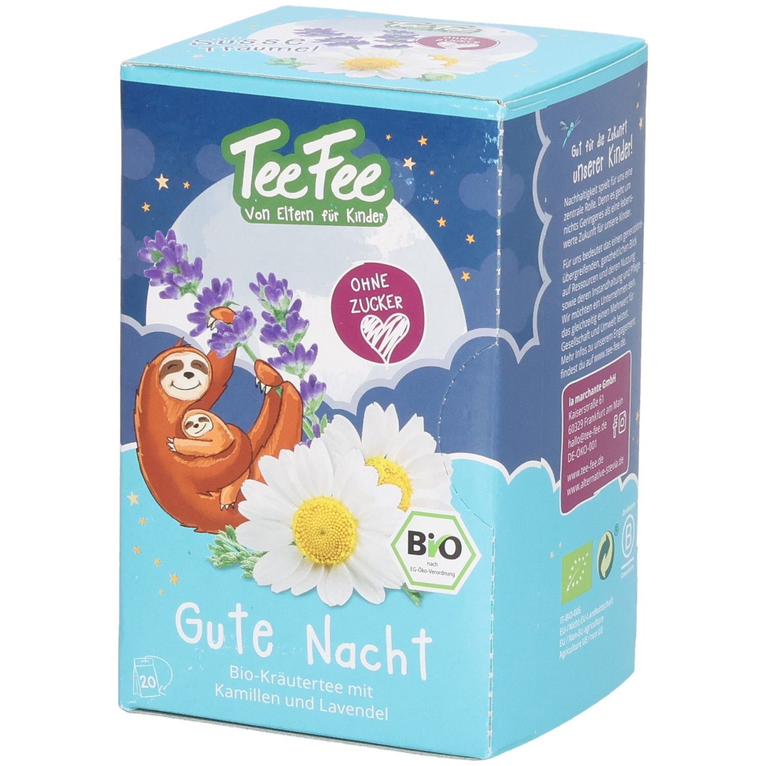 Verpackung TeeFee Gute Nacht Bio-Kräutertee mit Kamille und Lavendel, 20 Beutel.