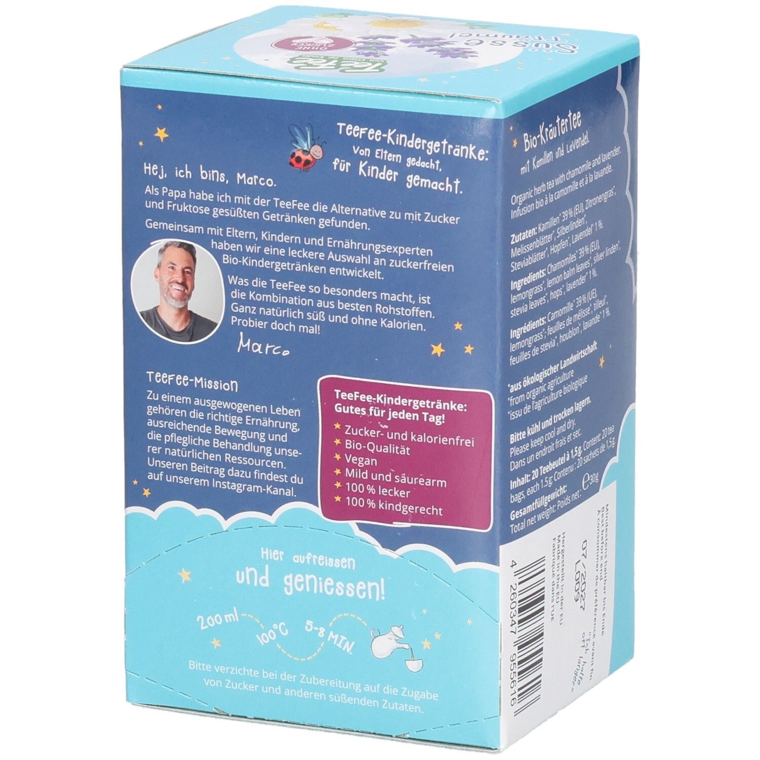 Seitenansicht Verpackung TeeFee Gute Nacht Bio-Kräutertee mit Kamille und Lavendel.