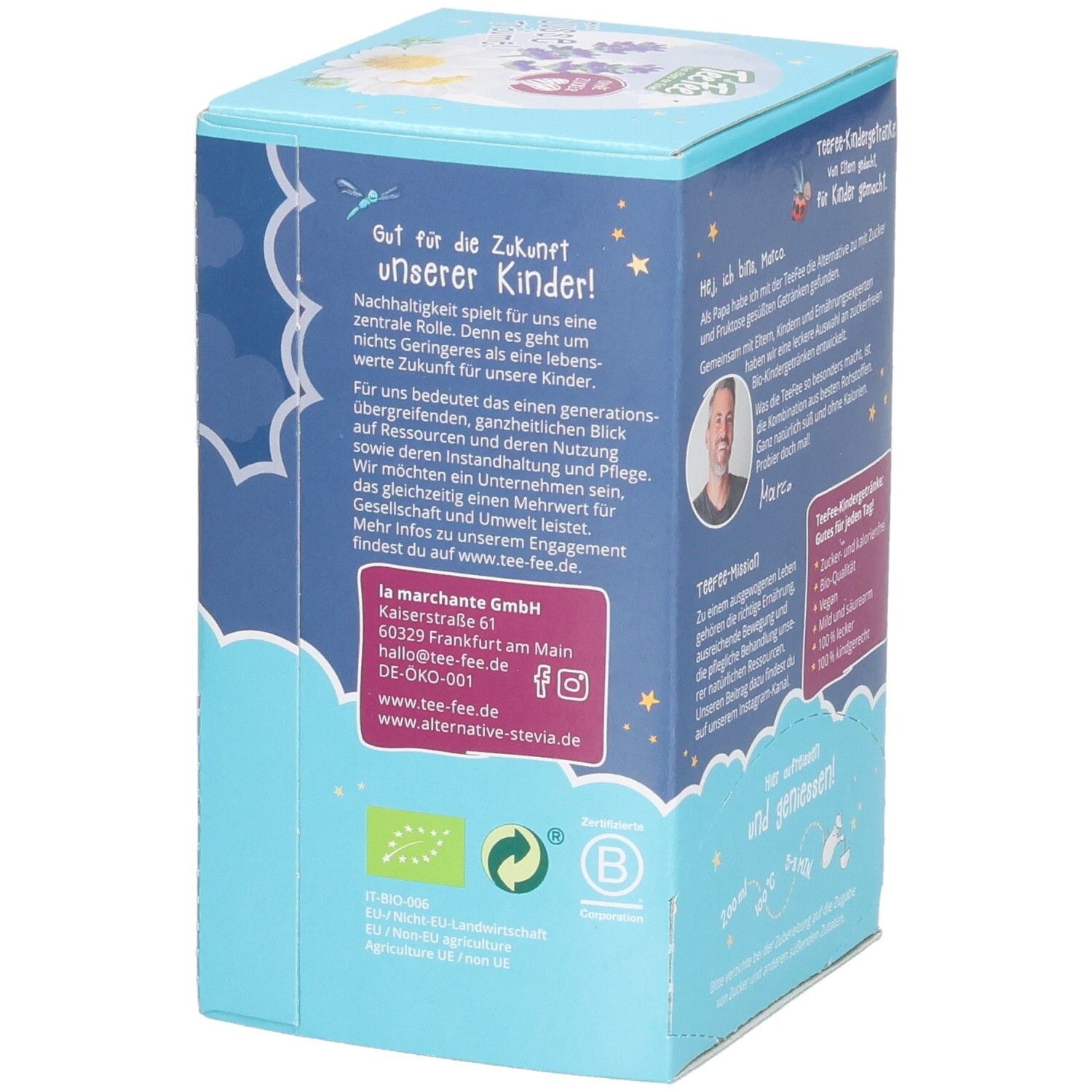 Seitenansicht Verpackung TeeFee Gute Nacht Bio-Kräutertee mit Kamille und Lavendel.
