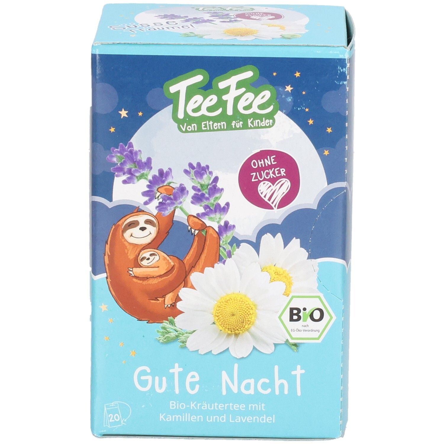 Vorderseite Verpackung TeeFee Gute Nacht Bio-Kräutertee mit Kamille und Lavendel, 20 Beutel.