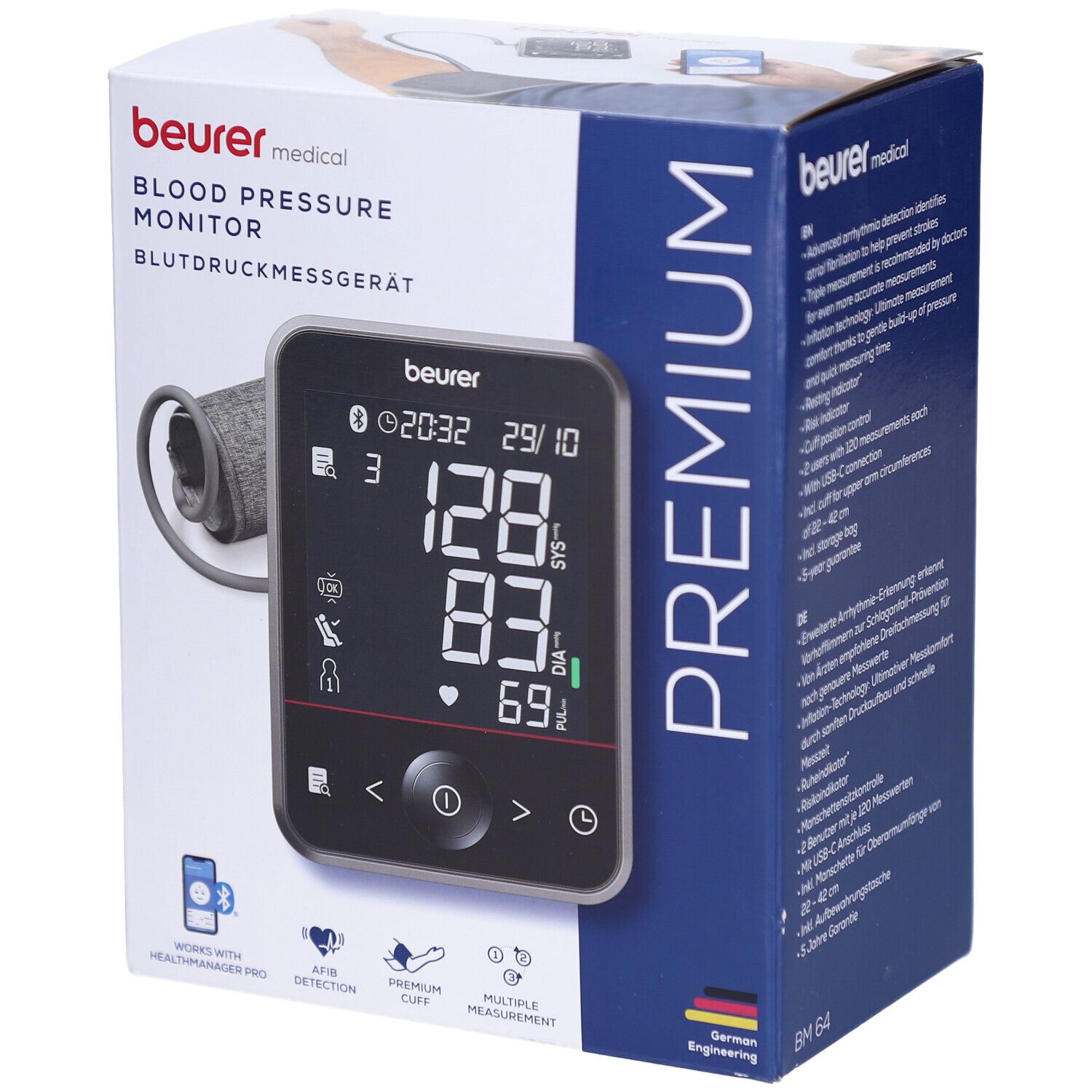 Blutdruckmessgerät mit Manschette und Display. Verpackung mit Produktname und Marke. Premium-Ausführung.