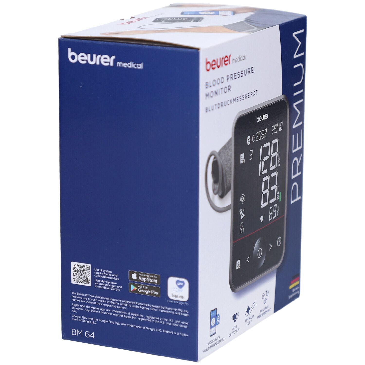 Blutdruckmessgerät-Verpackung. Marke und Produktname sichtbar. Premium-Ausführung. QR-Code und App-Informationen.