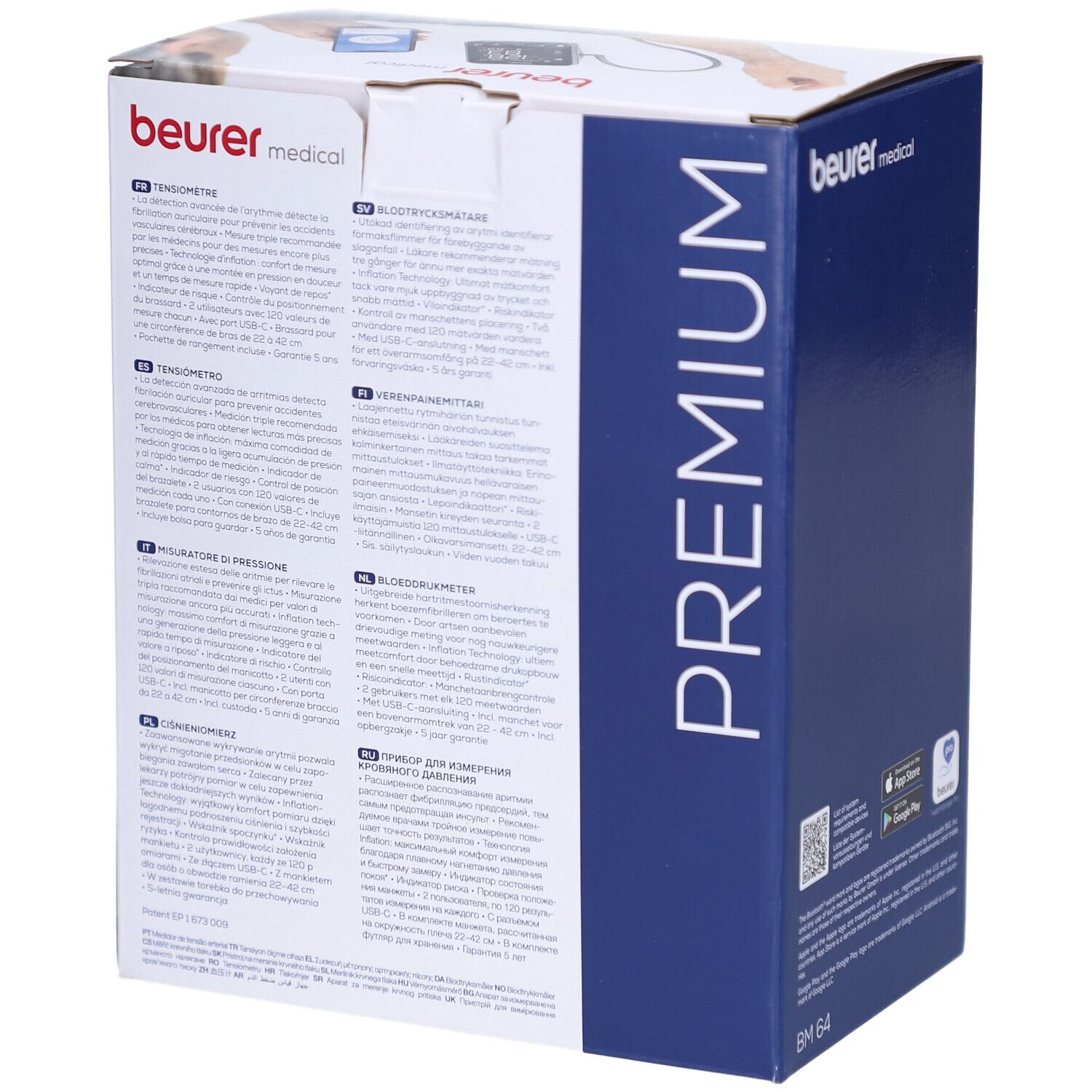 Blutdruckmessgerät-Verpackung. Produktinformationen auf Deutsch. Premium-Ausführung. QR-Code und App-Informationen.