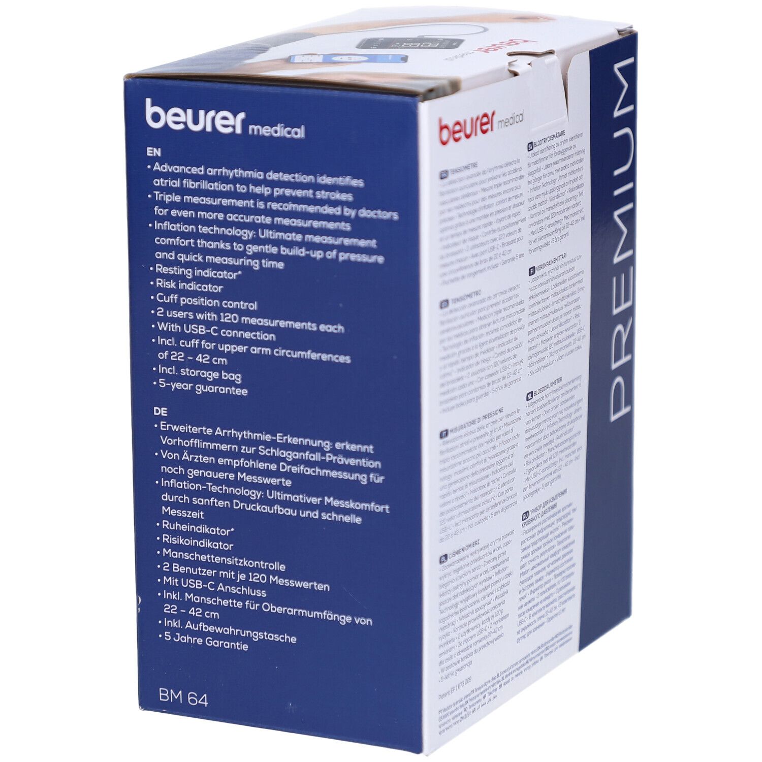 Blutdruckmessgerät-Verpackung. Produktinformationen auf Englisch und Deutsch. Premium-Ausführung. Garantie.
