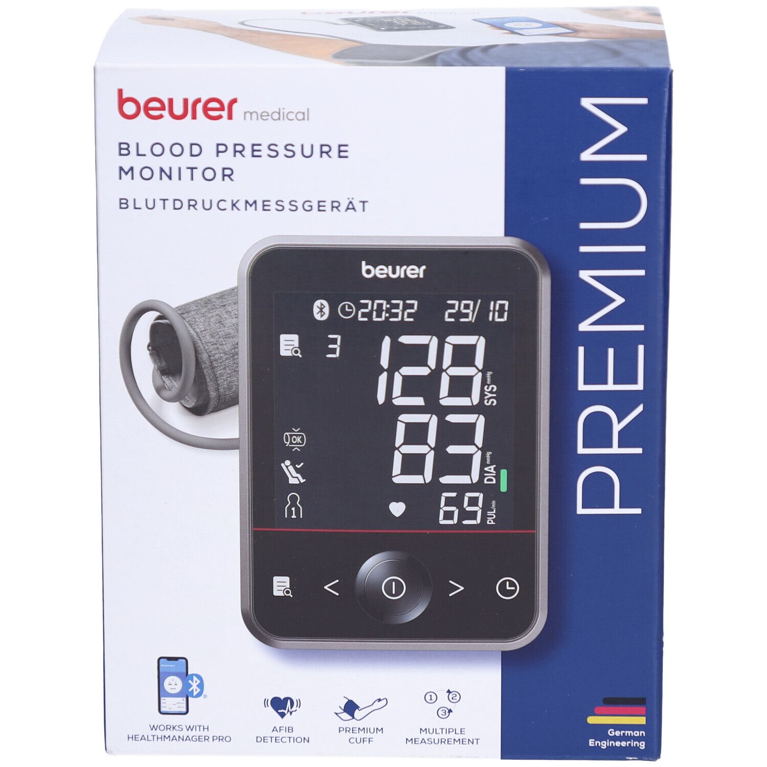 Blutdruckmessgerät mit Display und Manschette. Produktname und Marke sichtbar. Premium-Ausführung.