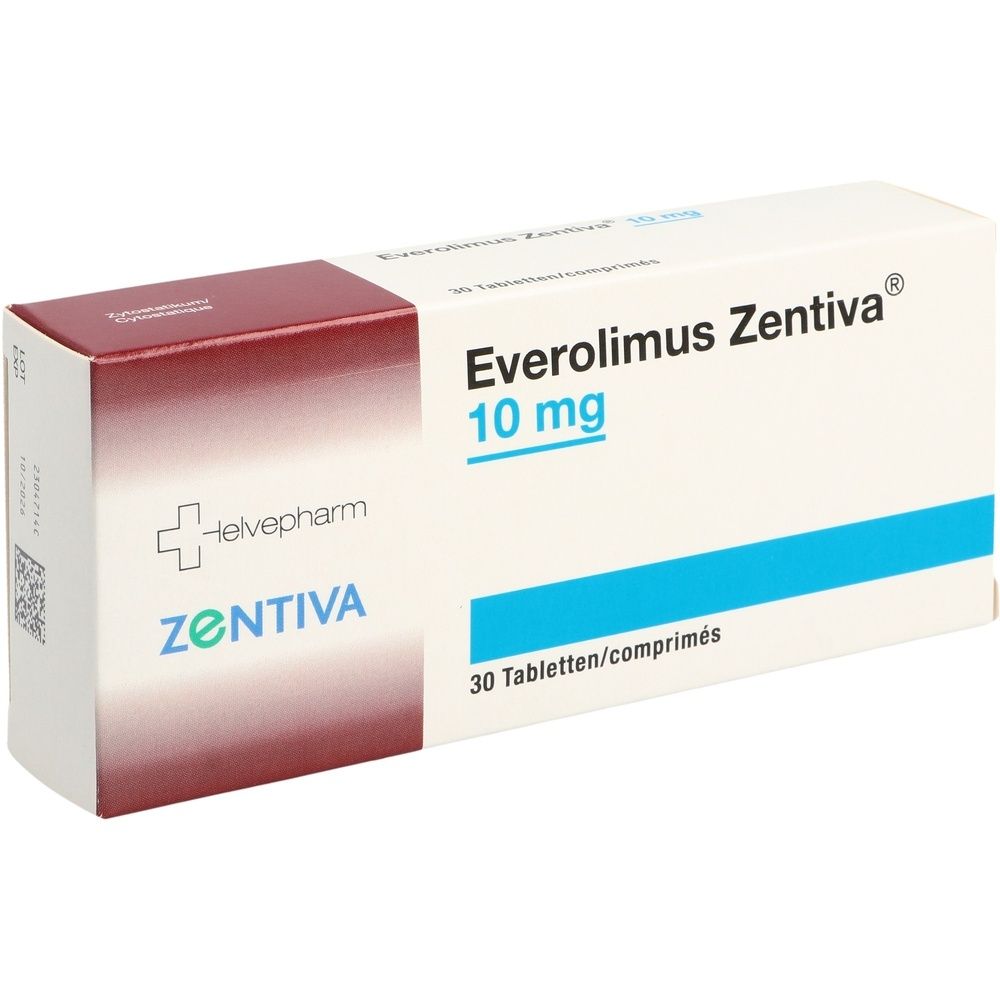 Schachtel EVEROLIMUS Zentiva 10 mg. Aufschrift: 30 Tabletten. Logo Helvepharm und Zentiva. Weiß, rot und blau.