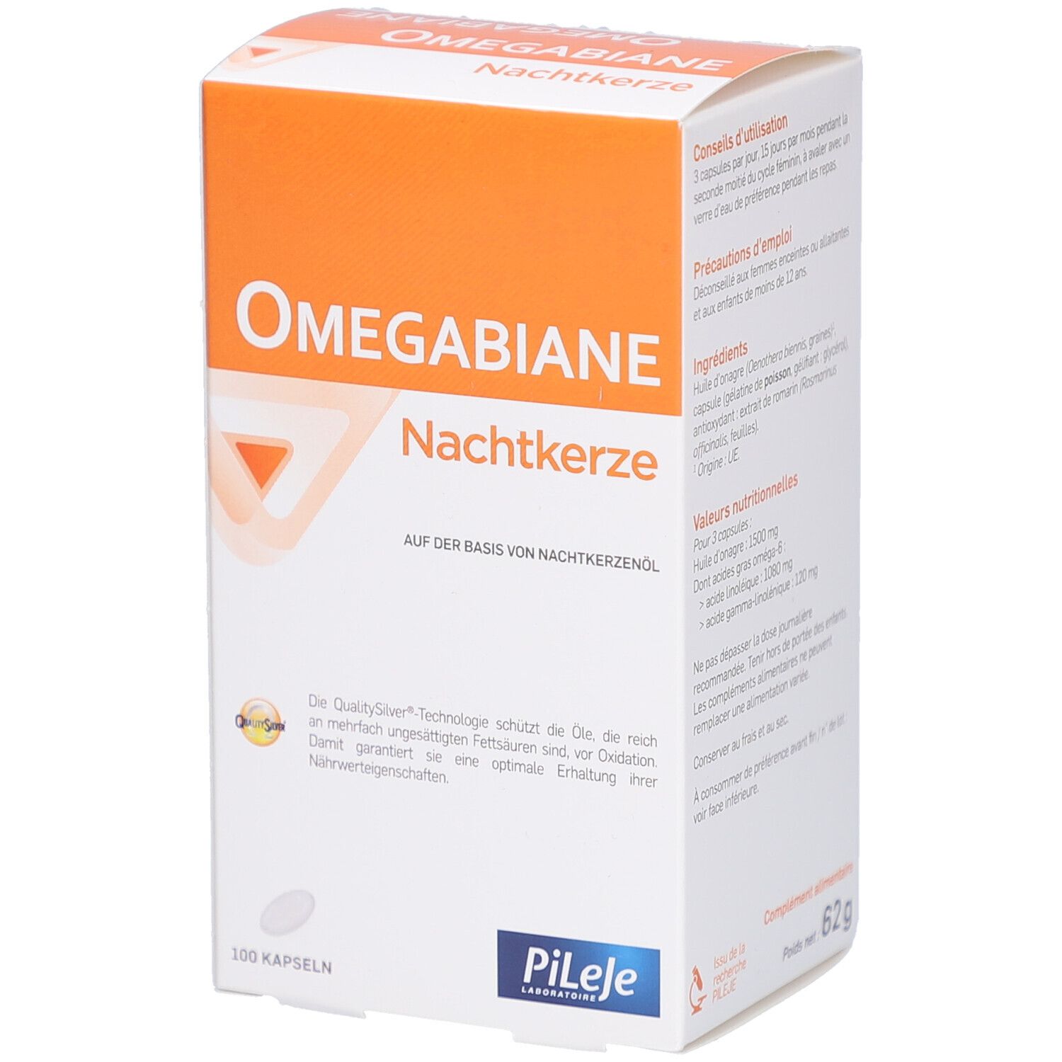 Weiß-orange Schachtel mit "Omegabiane Nachtkerze"-Logo. 100 Kapseln. Marke Pileje. Text auf Deutsch.