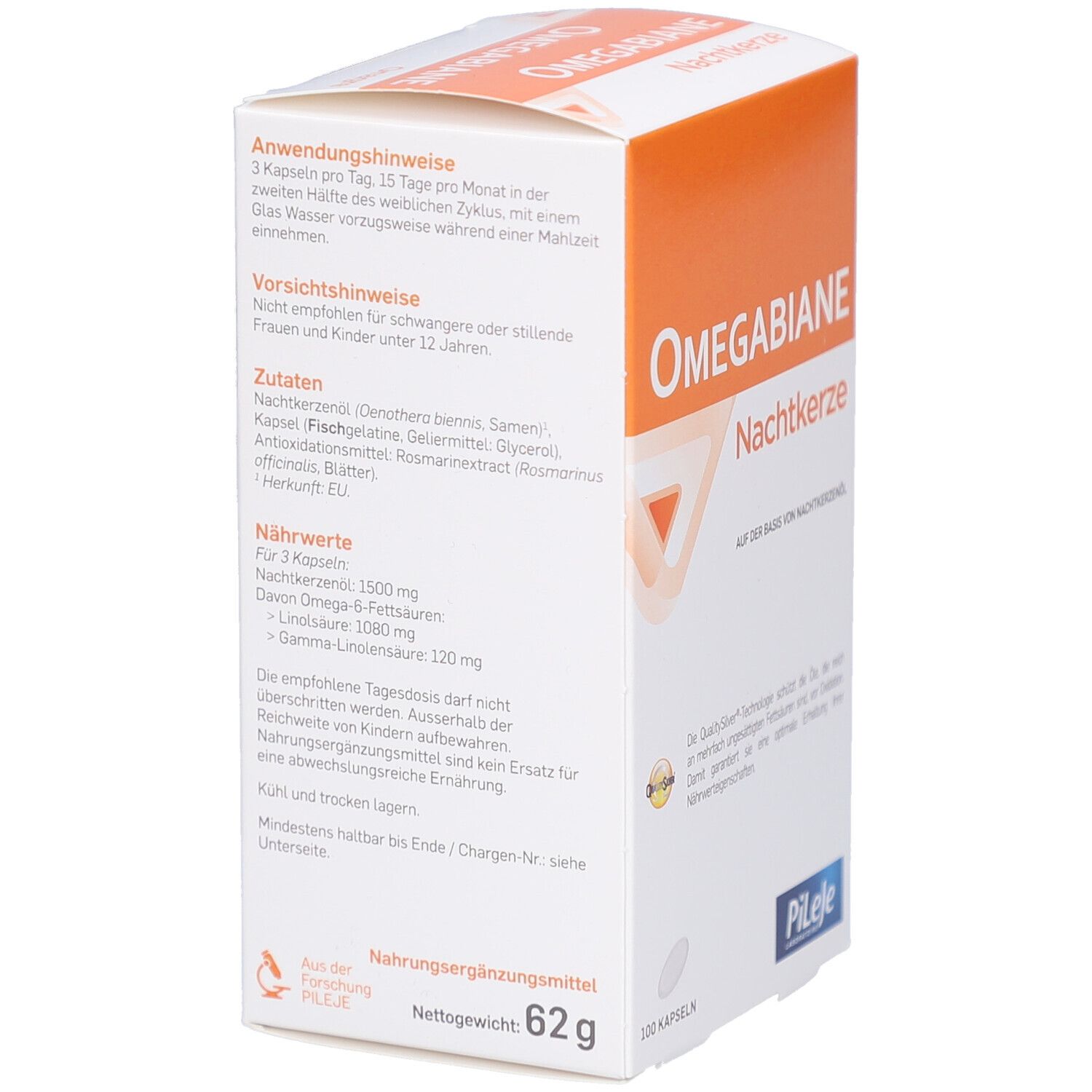 Rückseite der "Omegabiane Nachtkerze"-Schachtel. Text über Anwendung, Vorsichtshinweise und Inhaltsstoffe. Marke Pileje.