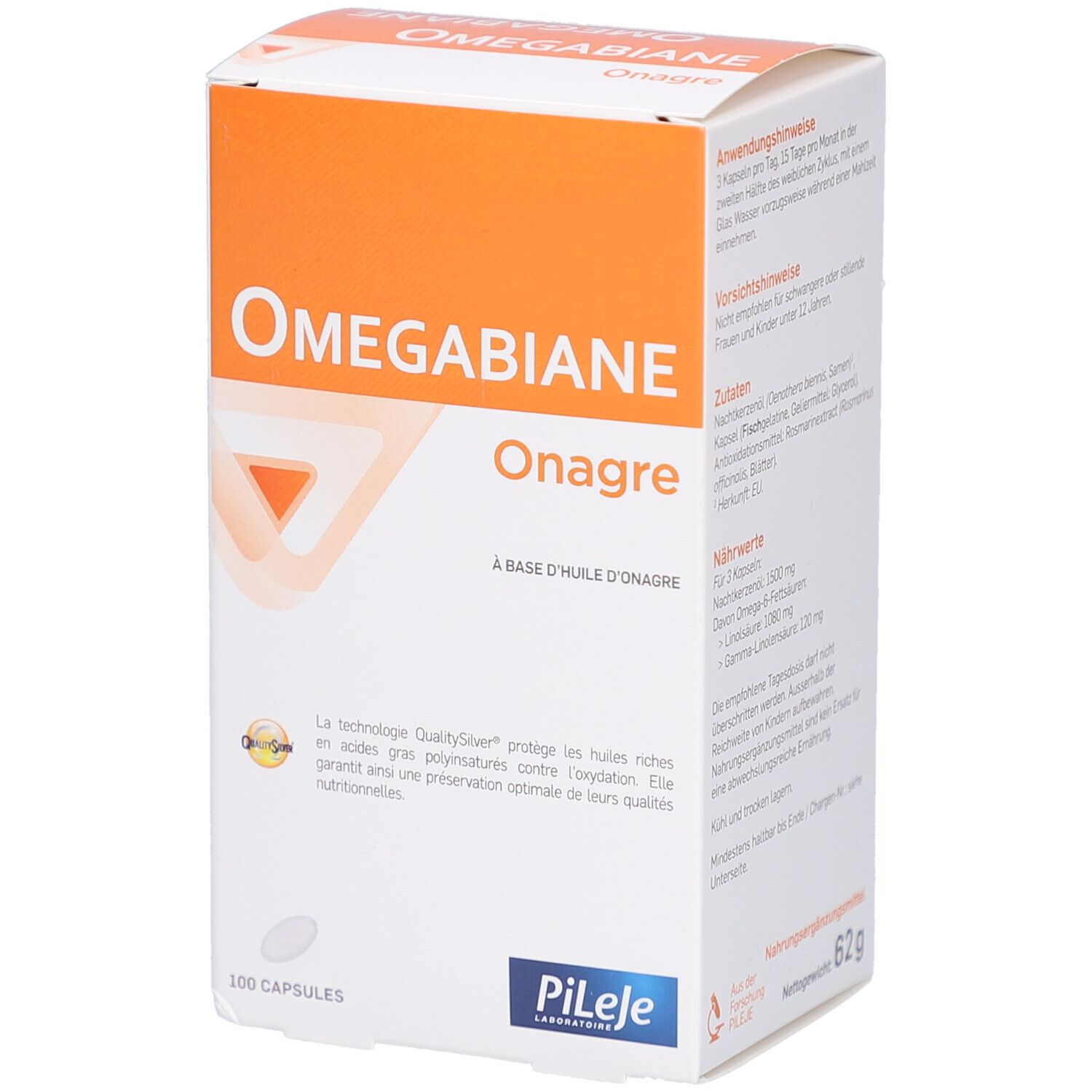 Weiß-orange Schachtel mit "Omegabiane Onagre"-Logo. Marke Pileje. Text auf Französisch.