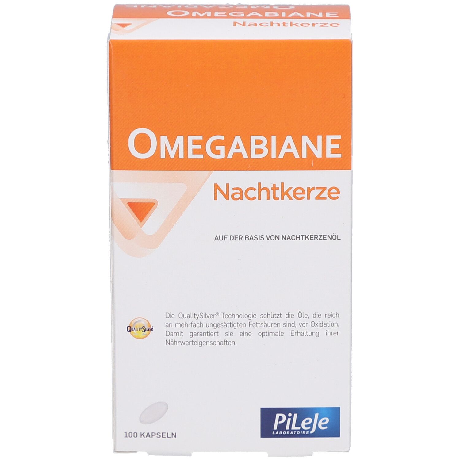 Weiß-orange Schachtel mit "Omegabiane Nachtkerze"-Logo. 100 Kapseln. Marke Pileje. Text auf Deutsch.
