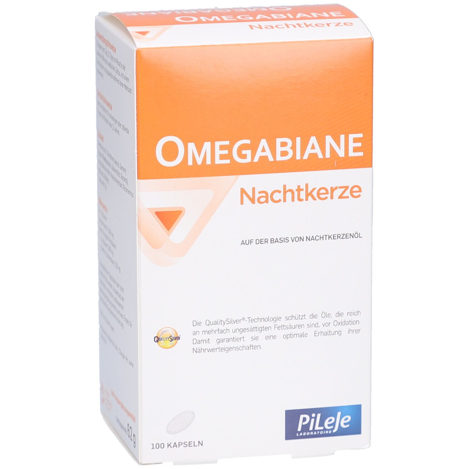 Weiß-orange Schachtel mit "Omegabiane Nachtkerze"-Logo. 100 Kapseln. Marke Pileje. Text auf Deutsch.