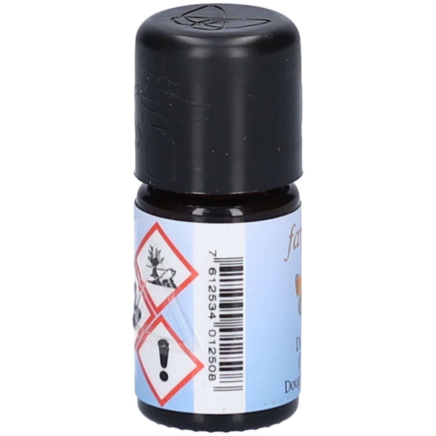 Flacon en verre brun avec bouchon noir. Étiquette avec code-barres et symboles de danger. Texte 'farfalla'.