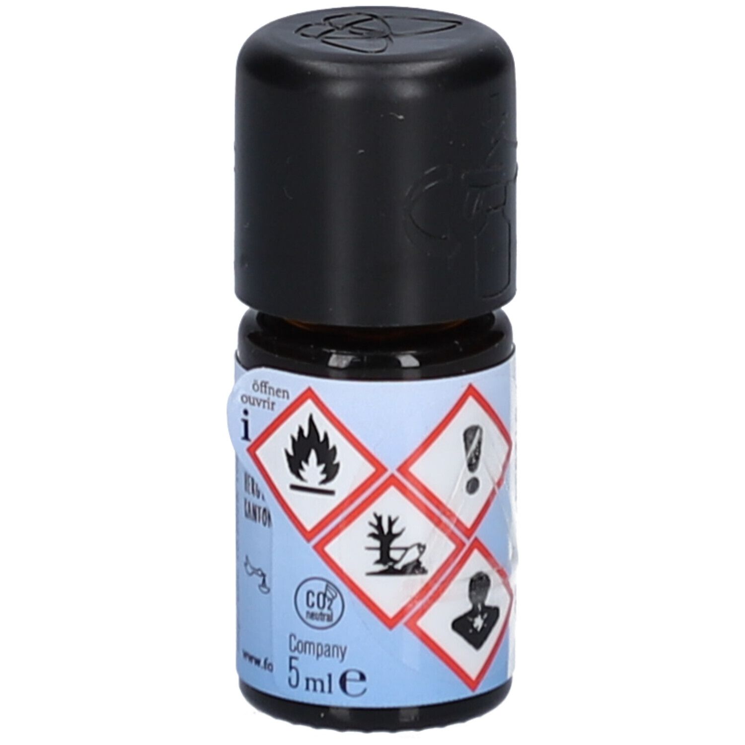 Bouteille en verre brun avec bouchon noir. Autocollant avec symboles d'avertissement. Inscription: farfalla, Pfeffer schwarz, Poivre noir bio. Volume: 5 ml.