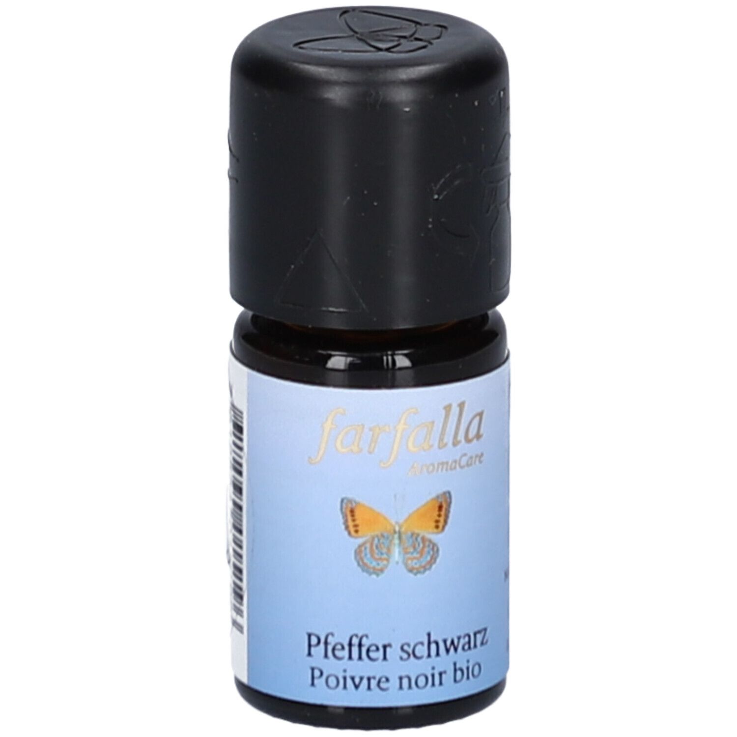Petite bouteille en verre brun avec bouchon noir. Inscription: farfalla, Pfeffer schwarz, Poivre noir bio. Image d'un papillon.