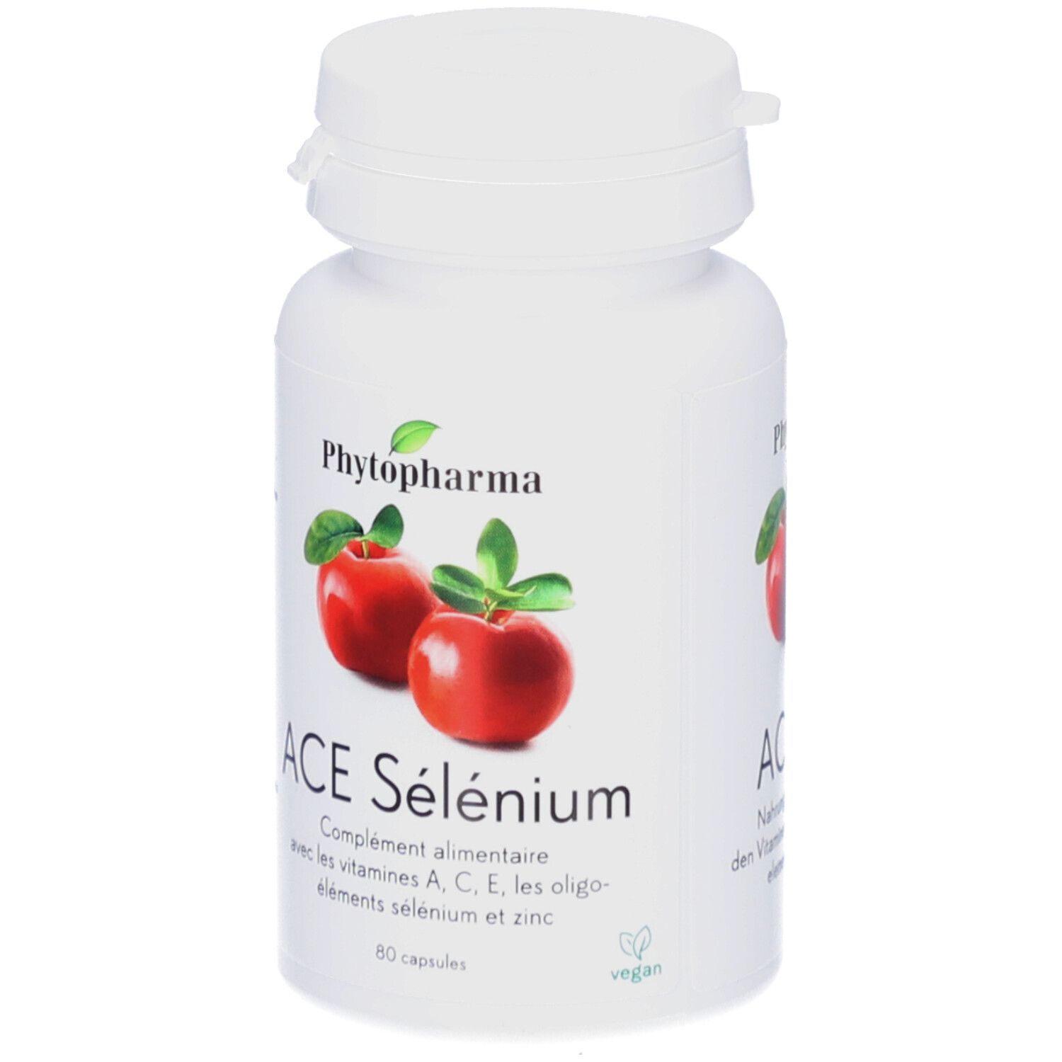 Weiße Flasche mit rotem Apfel-Design und Text. Enthält Kapseln. Aufschrift: ACE Sélénium, 80 capsules, vegan.