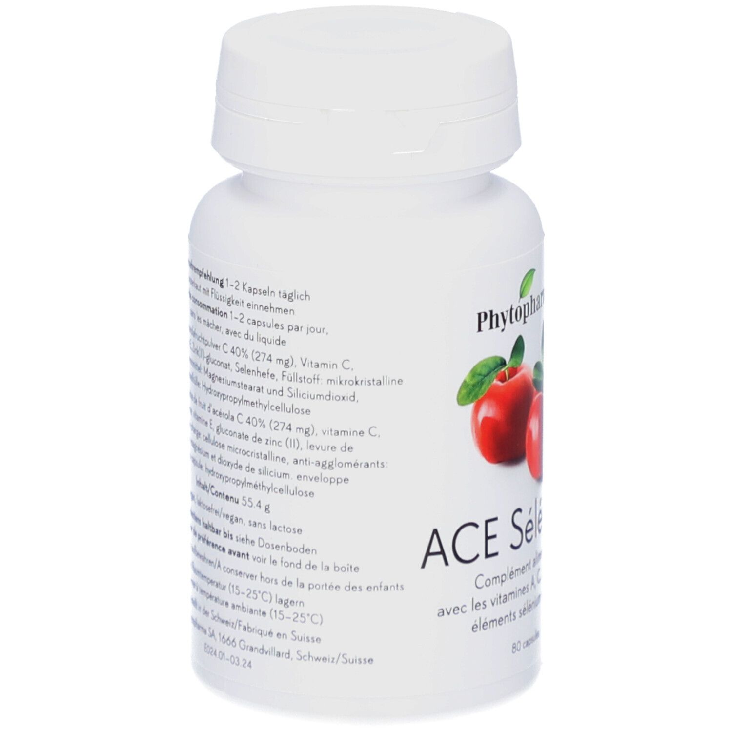 Rückseite einer weißen Flasche mit Text und rotem Apfel-Design. Enthält Kapseln. Aufschrift: ACE Sélénium, 80 capsules, vegan.