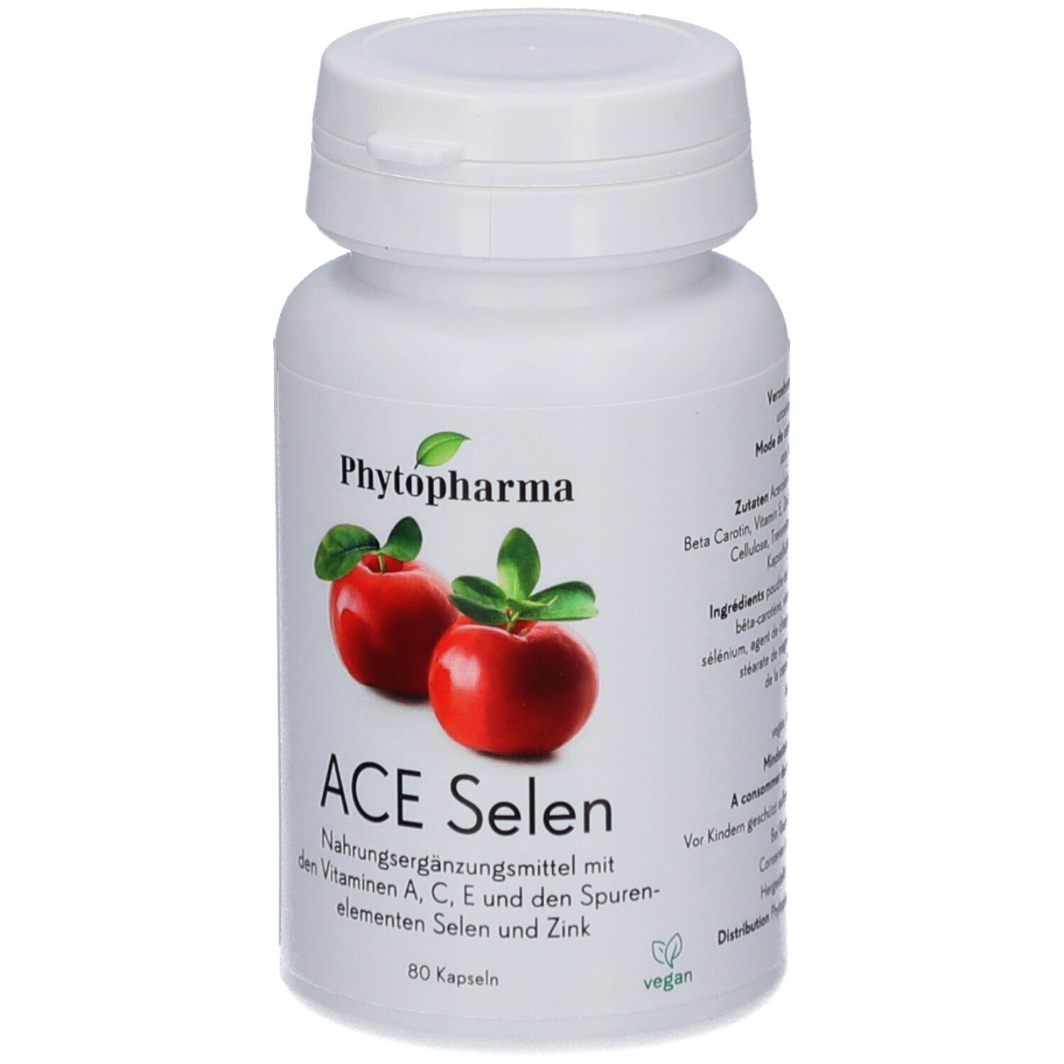 Weiße Flasche mit rotem Apfel-Design und Text. Enthält Kapseln. Aufschrift: ACE Selen, 80 Kapseln, vegan.