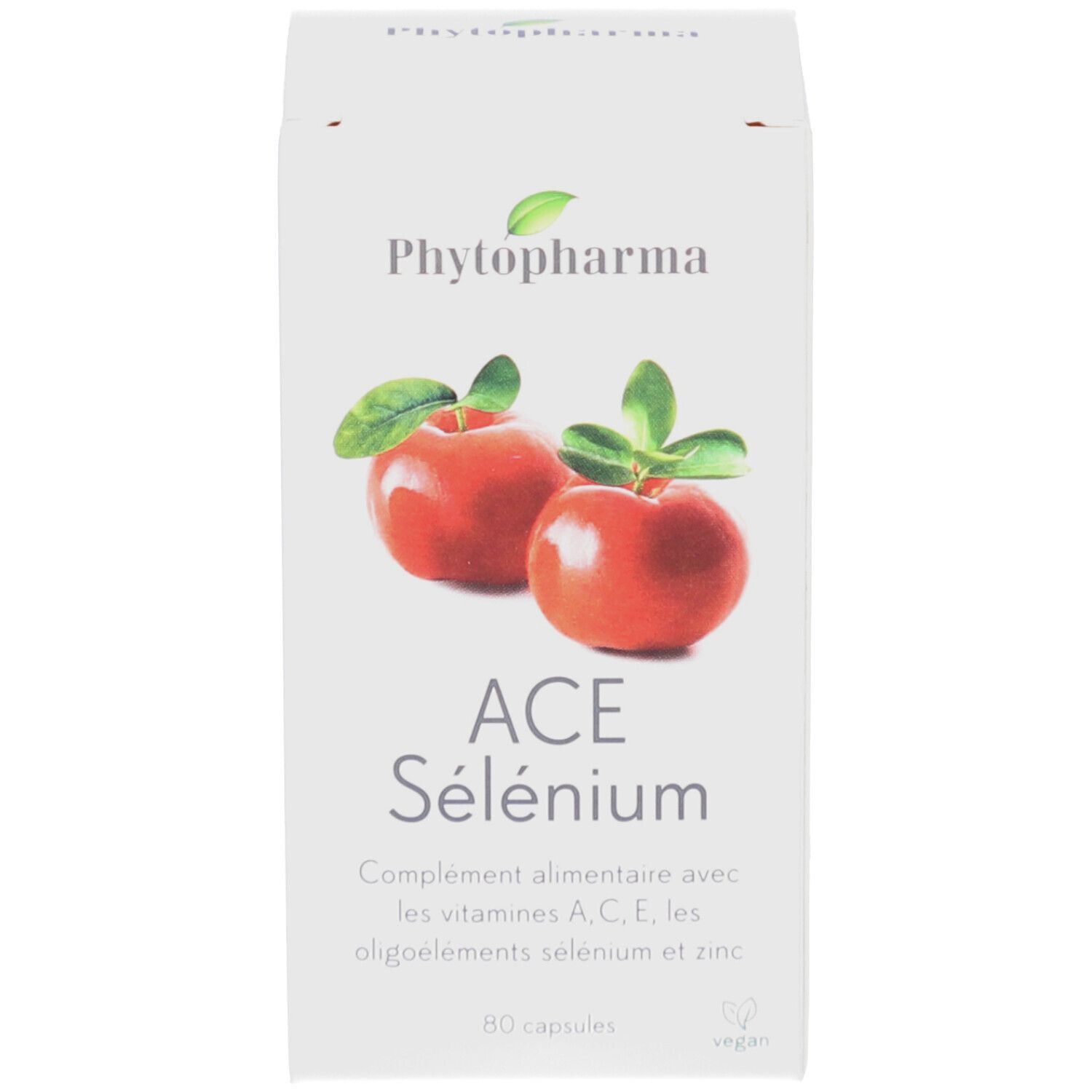 Weiße Schachtel mit rotem Apfel-Design und Text. Enthält Kapseln. Aufschrift: ACE Sélénium, 80 capsules, vegan.