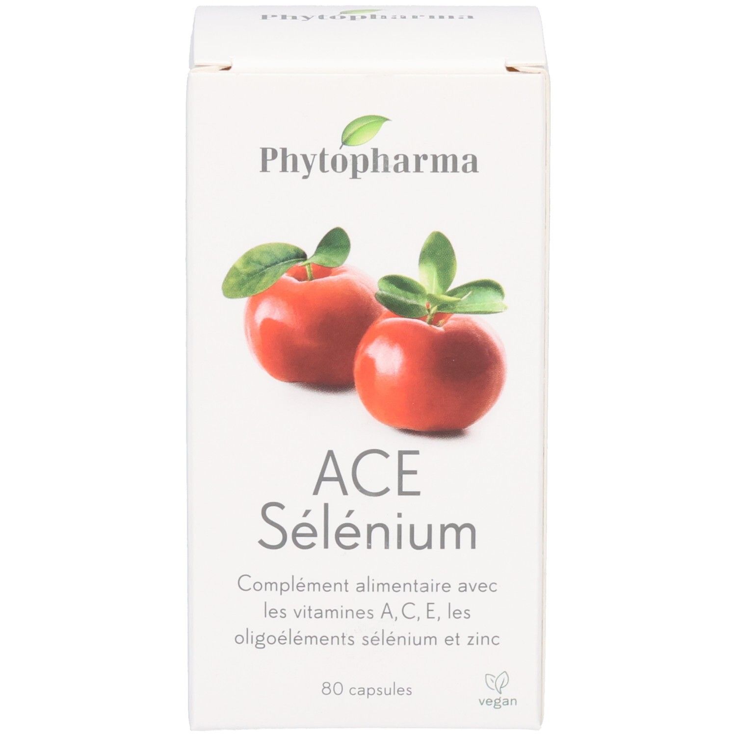 Verpackung Phytopharma ACE Sélénium: Karton mit roten Äpfeln. Enthält 80 Kapseln und vegane Kennzeichnung.