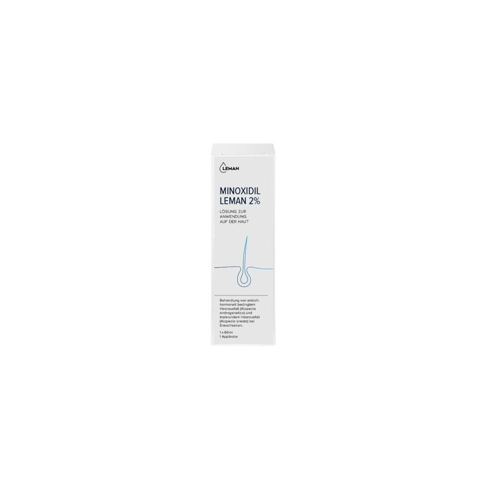 Weiße Verpackung mit blauer Schrift. Oben links das Logo von Leman. Darunter steht MINOXIDIL Leman 2%. Auf der Verpackung ist eine Abbildung eines Haares.