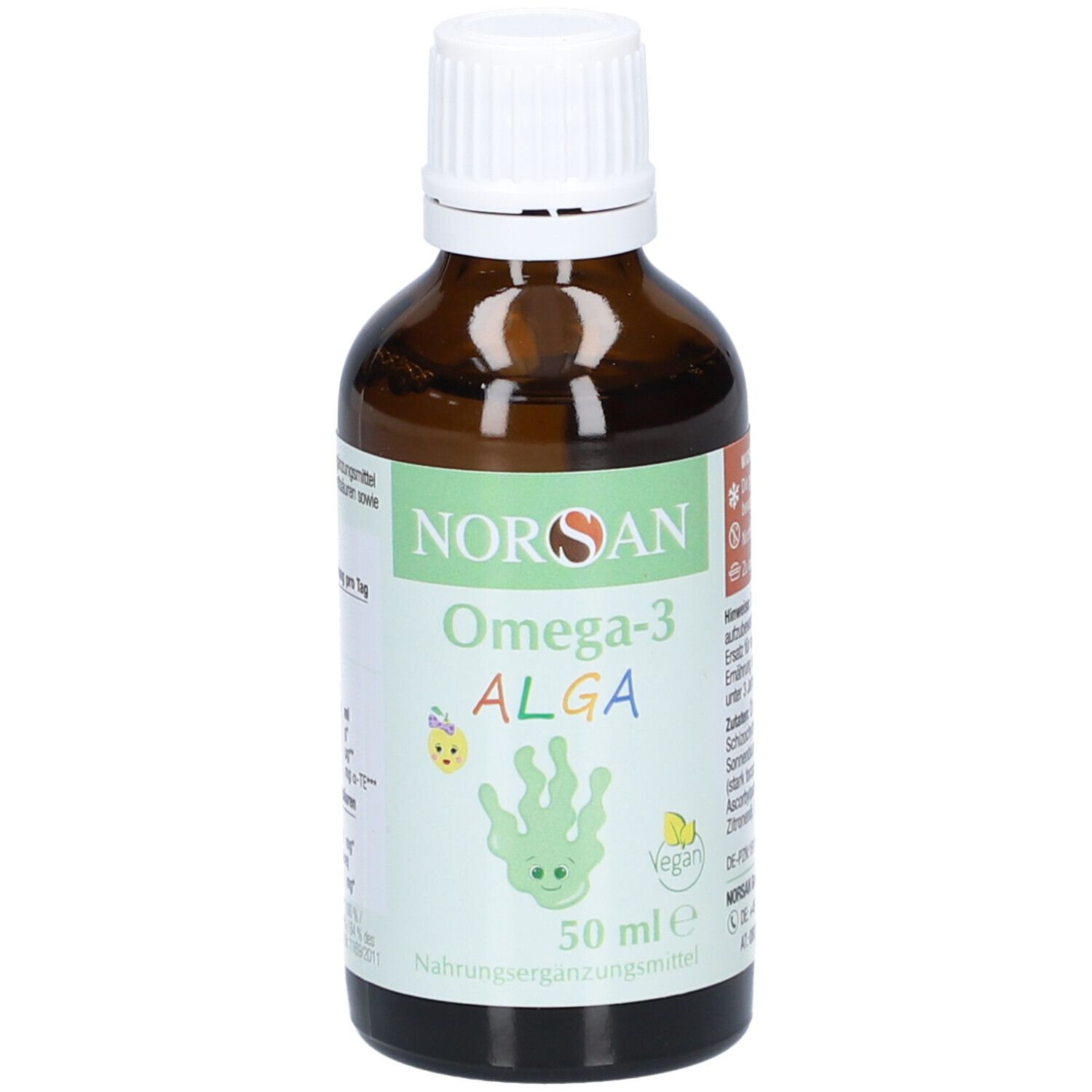 Braune Glasflasche mit weißem Deckel. Etikett mit NORSAN, Omega-3 ALGA, vegan, 50 ml. Nahrungsergänzungsmittel.