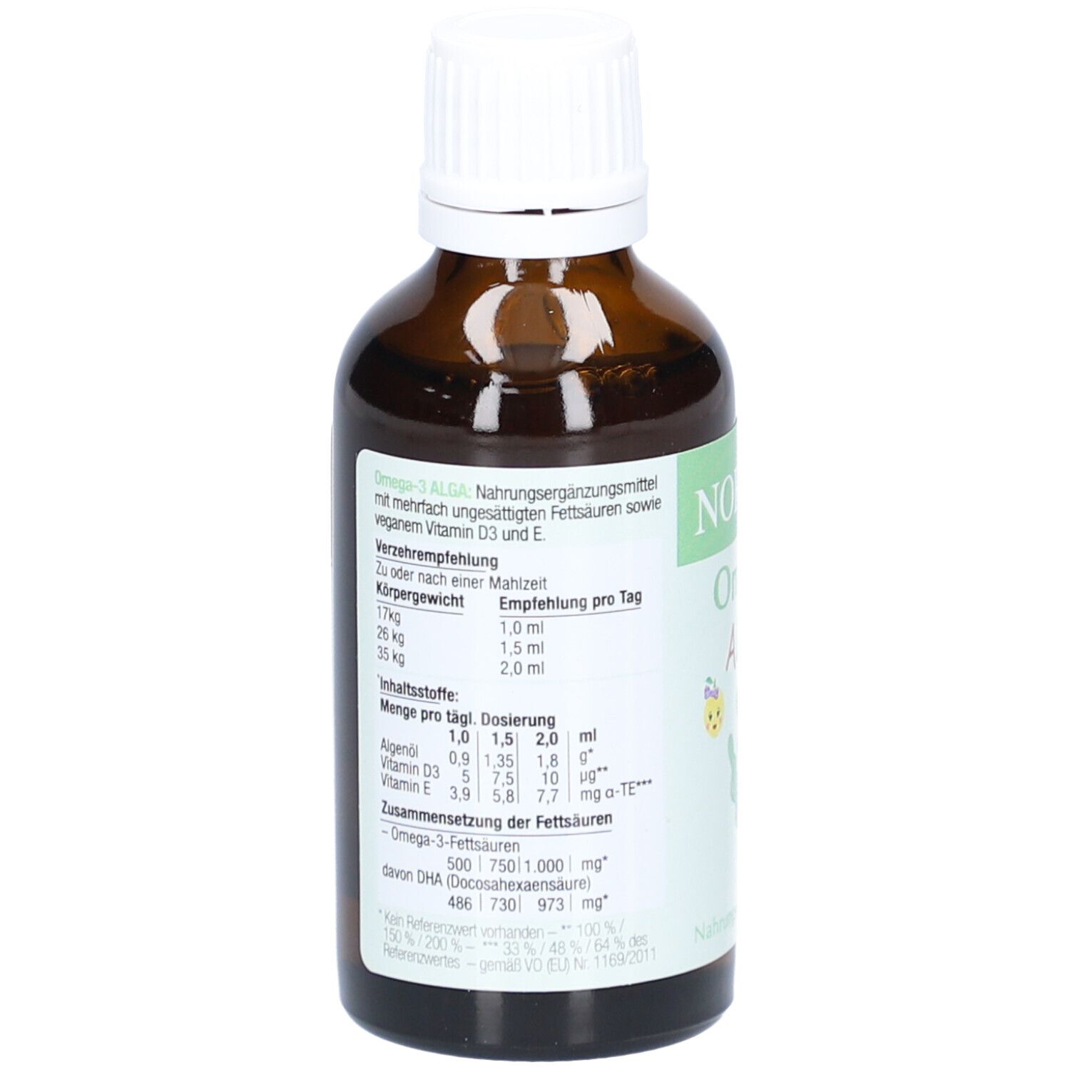 Rückseite der braunen Glasflasche. Etikett mit Nährwertangaben, Dosierungsempfehlungen und Inhaltsstoffen. Vegan.