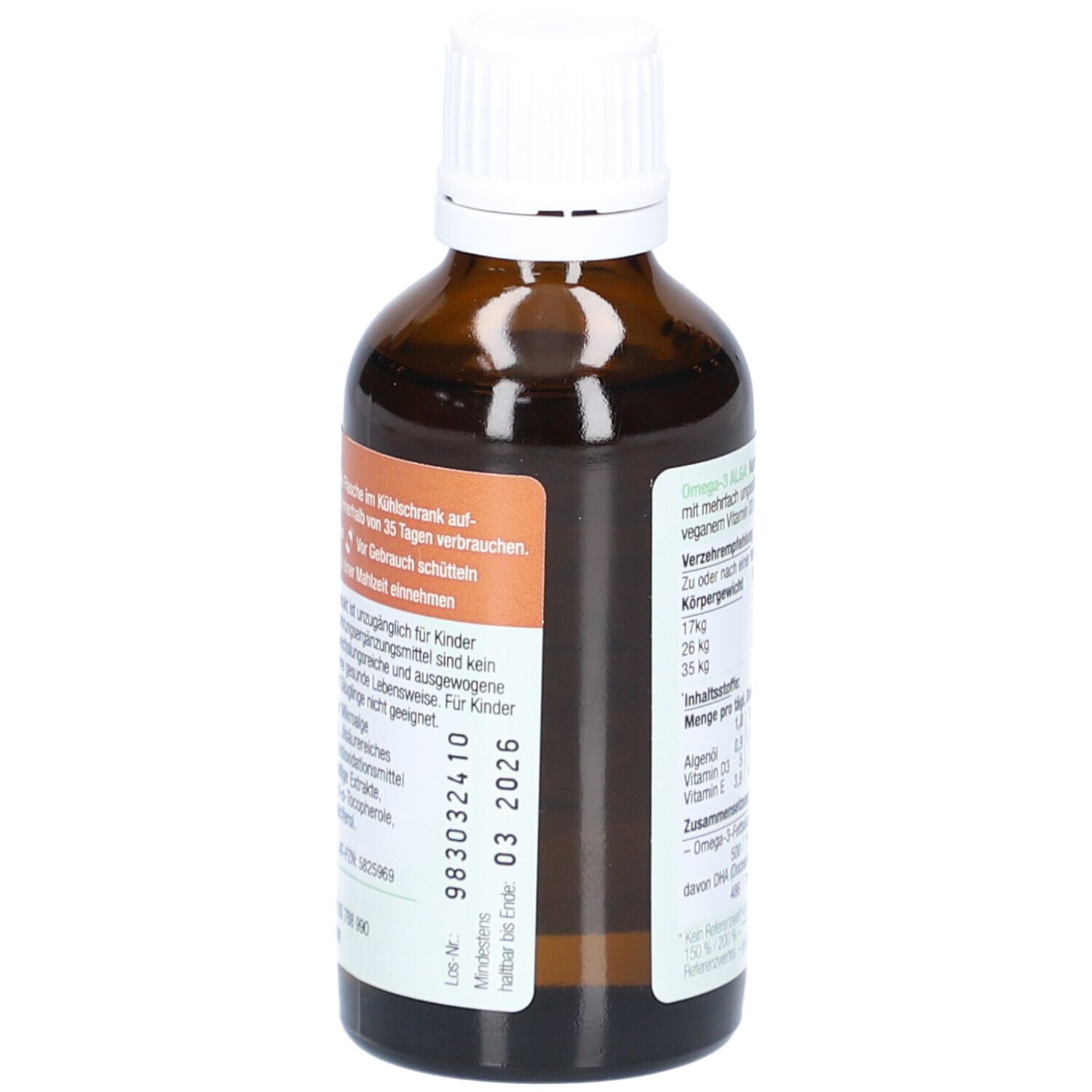 Braune Glasflasche mit weißem Deckel. Etikett mit Haltbarkeitsdatum 03.2026. Rückseite mit Informationen.