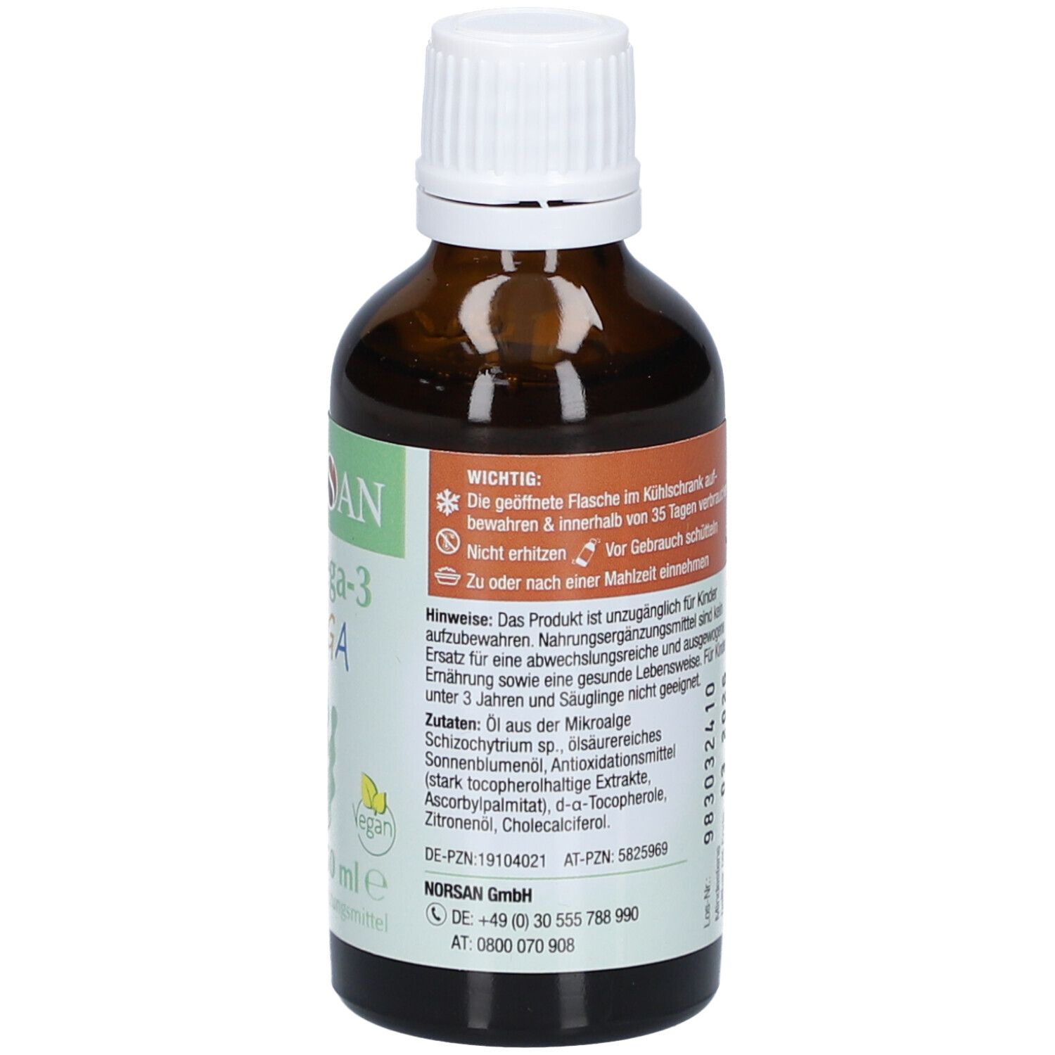 Braune Glasflasche mit weißem Deckel. Etikett mit Warnhinweisen, Inhaltsstoffen und Kontaktinformationen. Vegan.