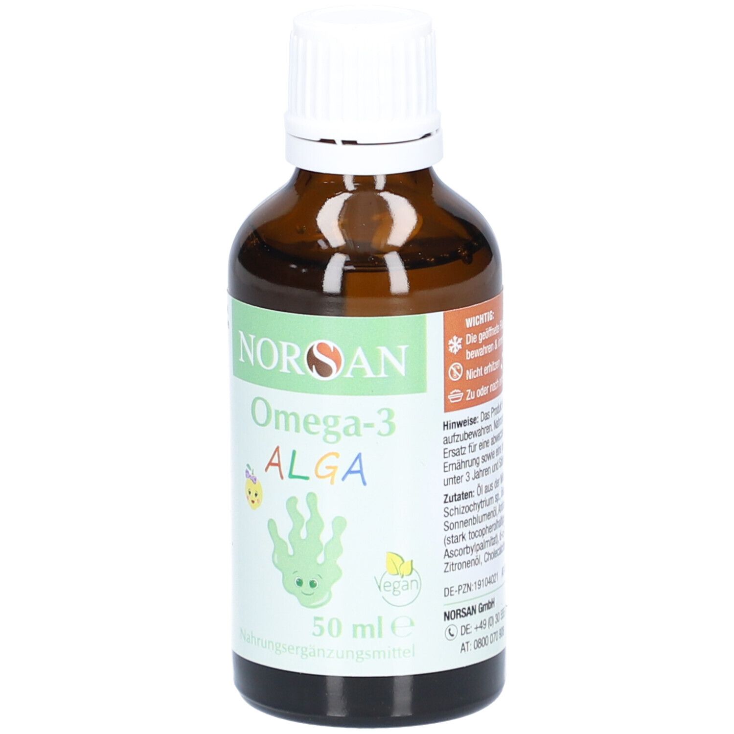 Braune Glasflasche mit weißem Deckel. Etikett mit NORSAN, Omega-3 ALGA, vegan, 50 ml. Nahrungsergänzungsmittel.