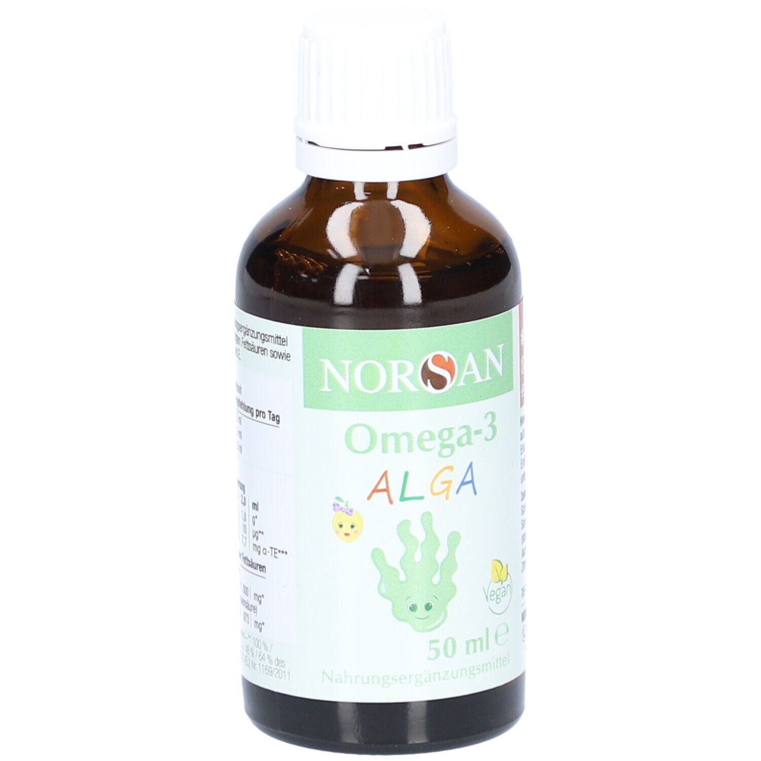 Braune Glasflasche mit weißem Deckel. Etikett mit NORSAN, Omega-3 ALGA, vegan, 50 ml. Nahrungsergänzungsmittel.