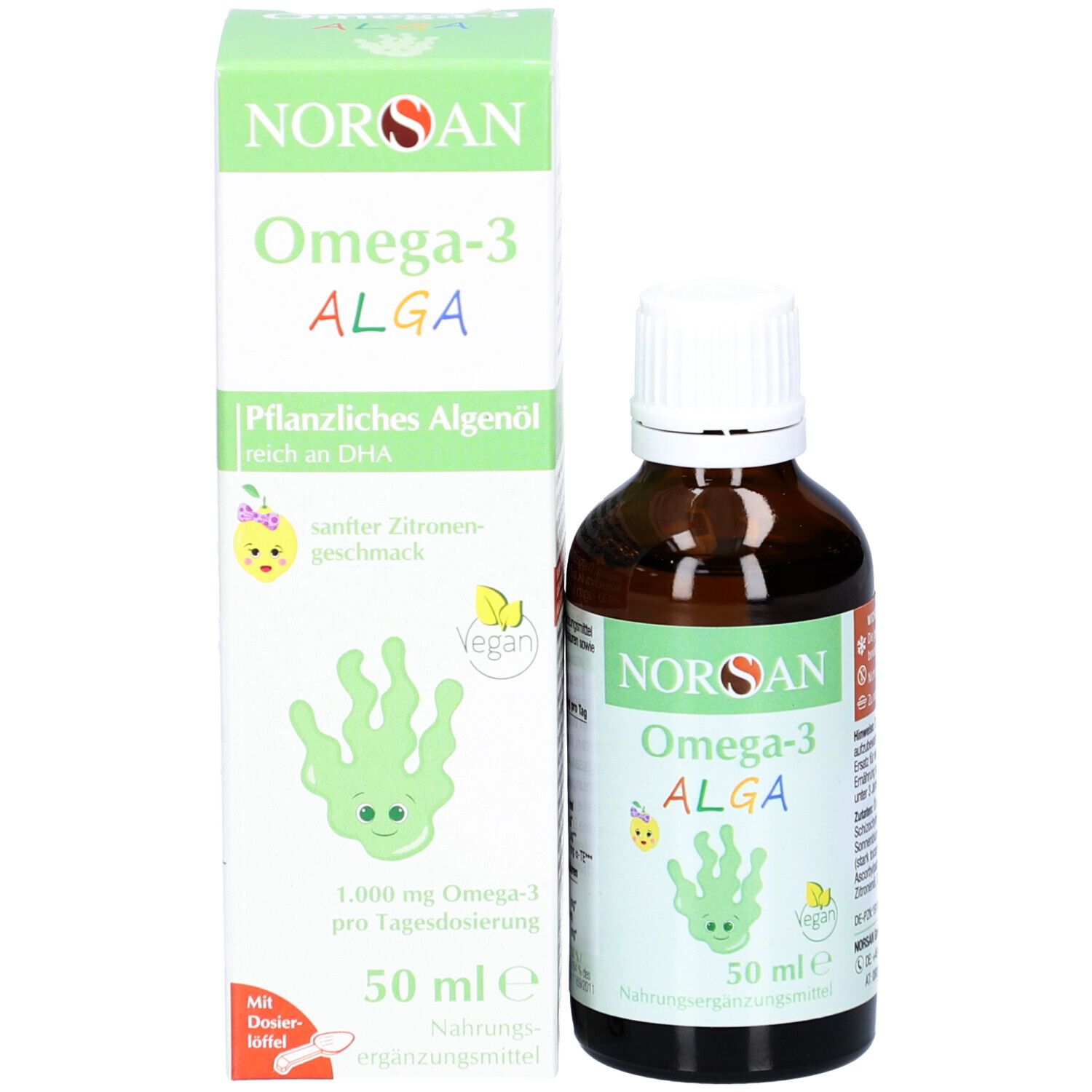 Produkt mit Verpackung. Braune Flasche und Schachtel. Aufdruck: NORSAN Omega-3 ALGA, 50 ml, vegan.