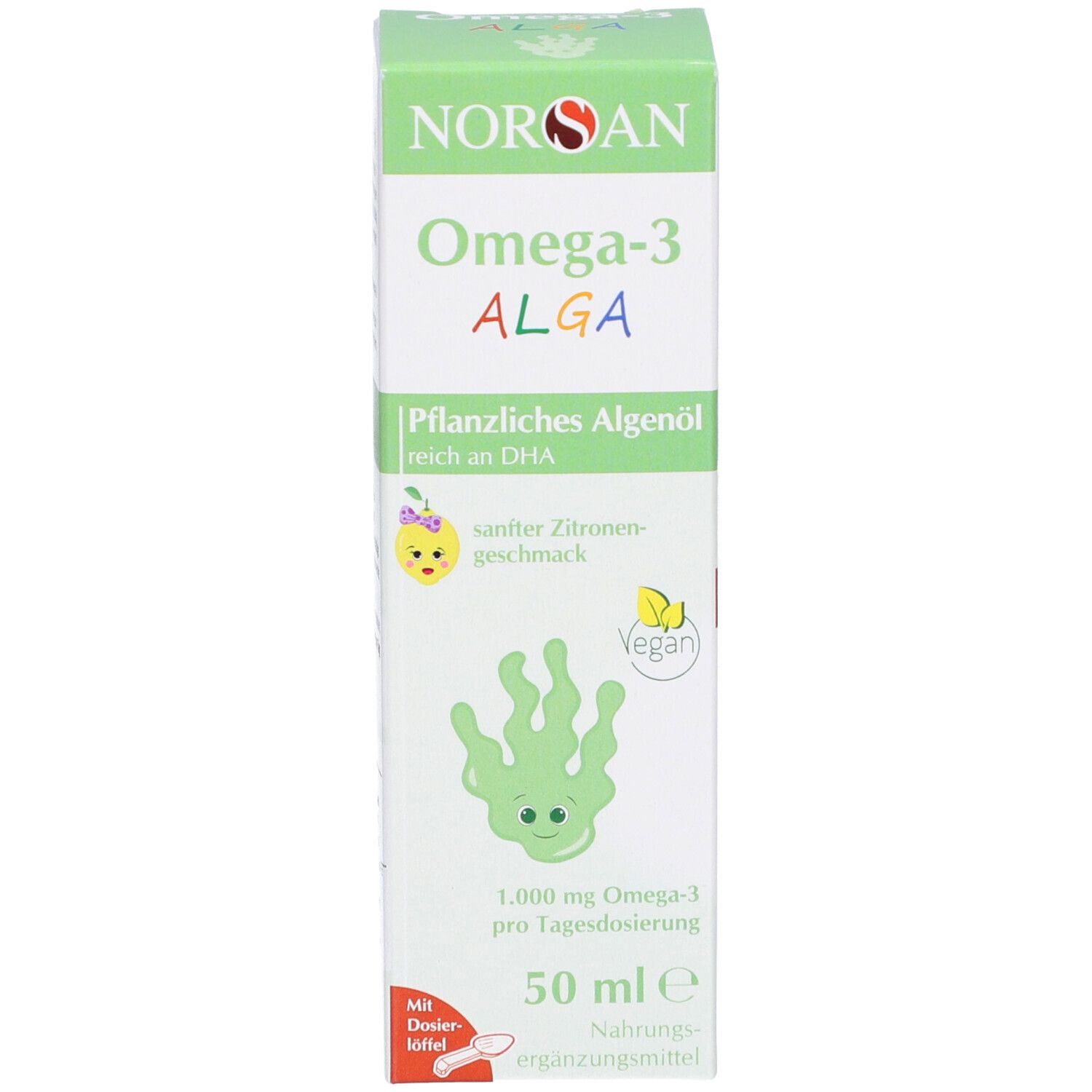 Produktverpackung. Grüne Schachtel mit NORSAN, Omega-3 ALGA, 50 ml, vegan. Mit Dosierlöffel.