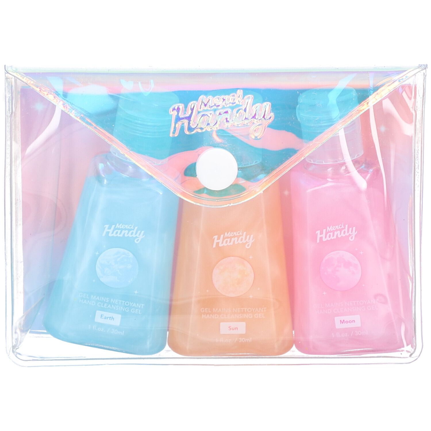 Trousse transparente contenant trois gels pour les mains aux couleurs pastel. Chaque gel a un bouchon et une étiquette colorés.