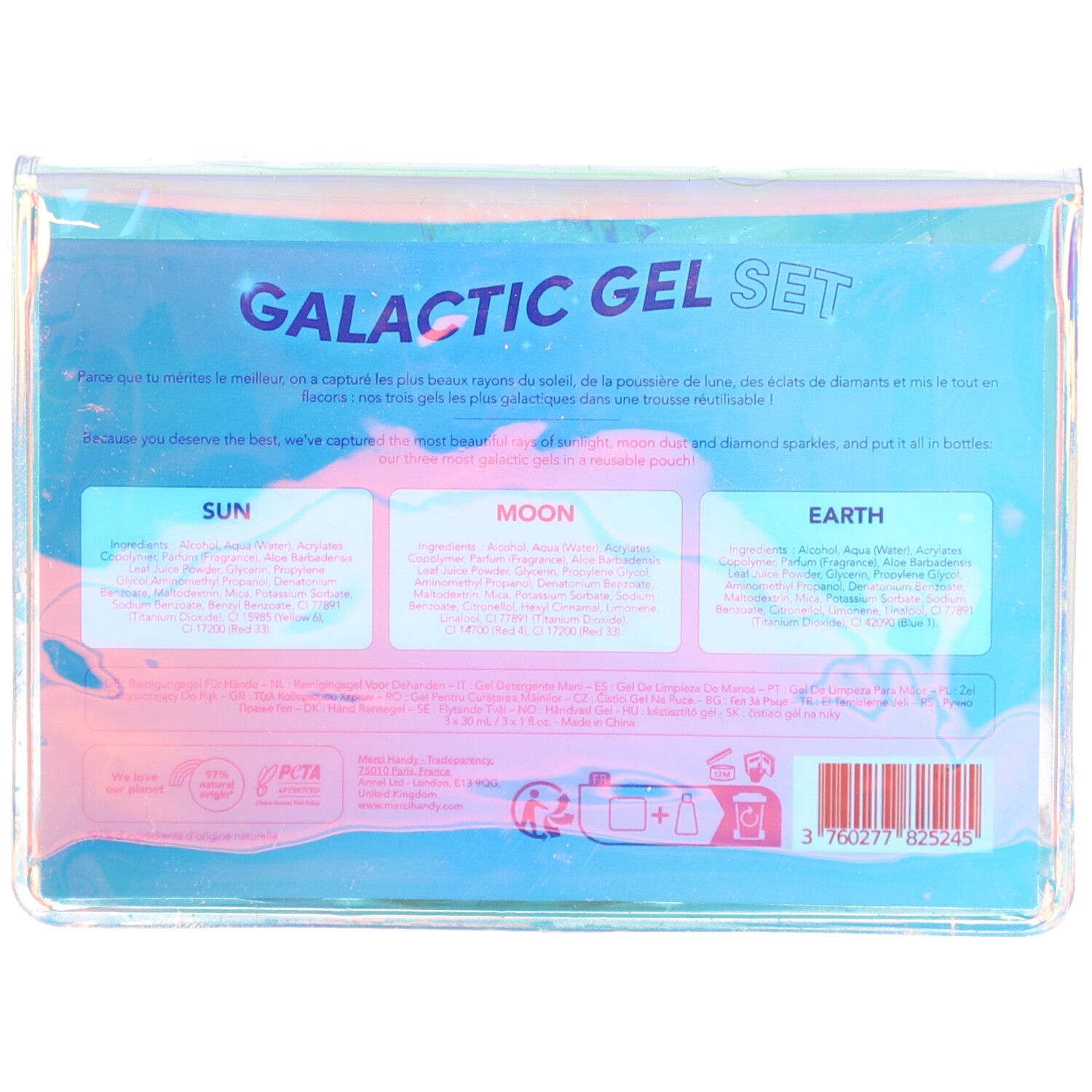 Dos de la trousse transparente avec texte: GALACTIC GEL SET. Texte en dessous et trois sections d'informations sur le produit.