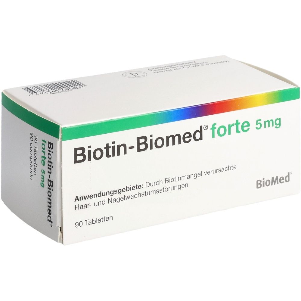 Weiße Schachtel mit "Biotin-Biomed forte 5mg"-Aufdruck. Enthält 90 Tabletten. Aufdrucke in Deutsch. Marke: BioMed.