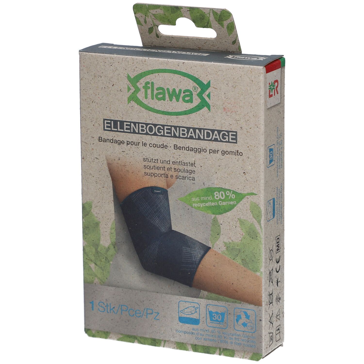 Ellbogenbandage in Verpackung. Marke flawa®. Größe L. Aufdrucke: Bandage, 1 Stück, 80% Recycling-Garn.
