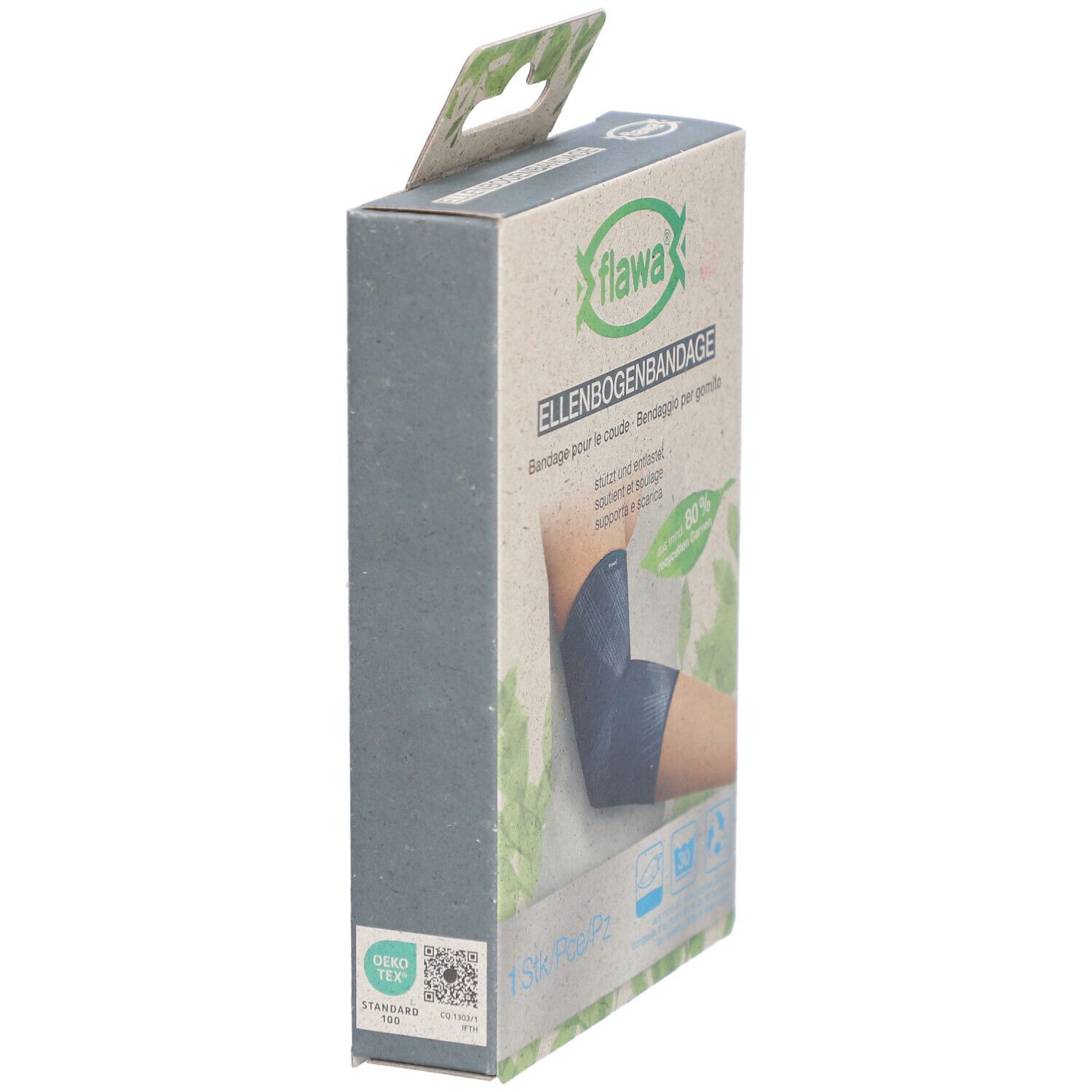 Verpackung der Ellbogenbandage. Marke flawa®. Seite mit Logo, Text und Abbildungen. Oeko-Tex Standard 100.