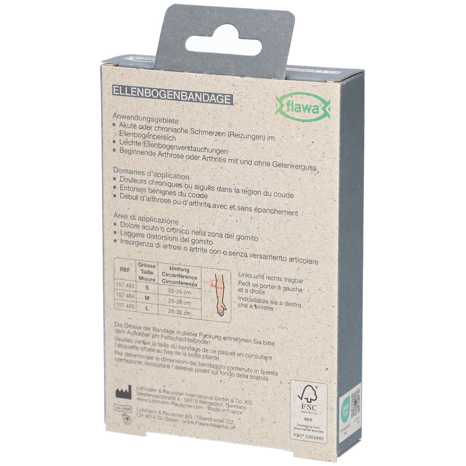Rückseite der Verpackung der Ellbogenbandage. Text zu Anwendungsgebieten und Größen. Marke flawa®.