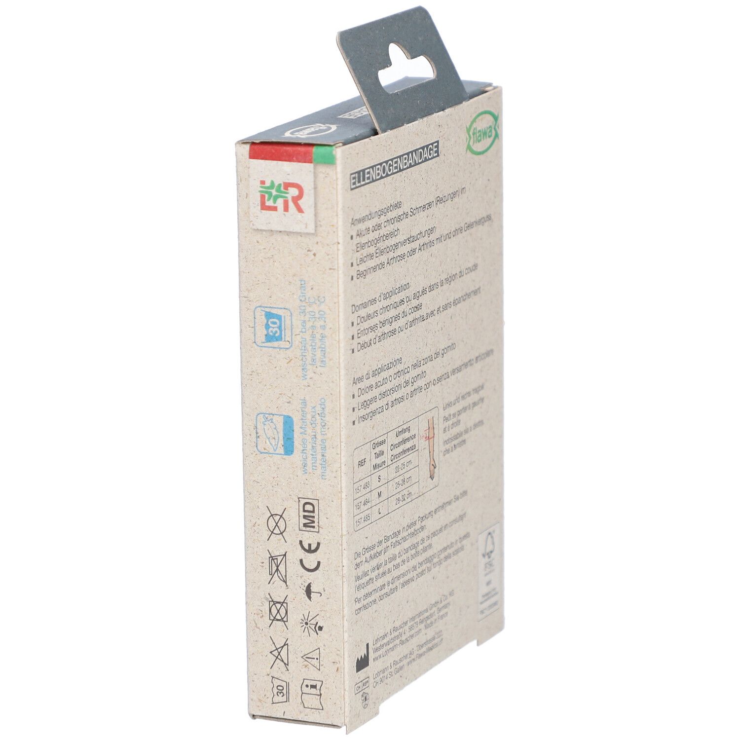 Seite der Verpackung der Ellbogenbandage. Text und Piktogramme. Marke flawa®.