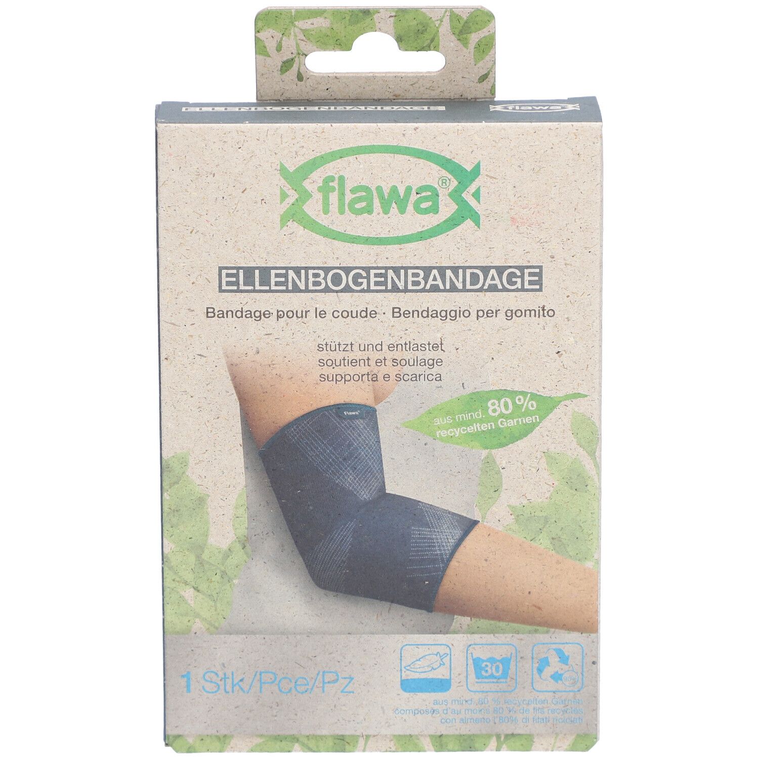 Ellbogenbandage in Verpackung. Marke flawa®. Größe L. Aufdrucke: Bandage, 1 Stück, 80% Recycling-Garn.