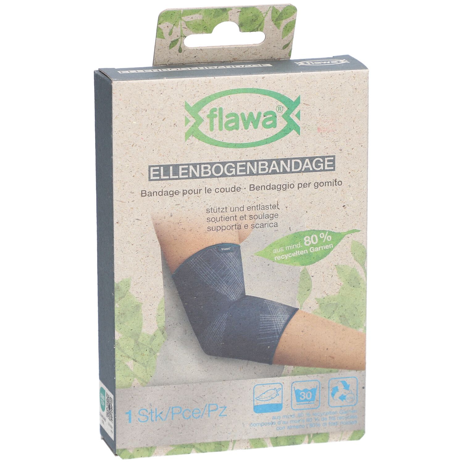 Ellbogenbandage in Verpackung. Marke flawa®. Größe L. Aufdrucke: Bandage, 1 Stück, 80% Recycling-Garn.